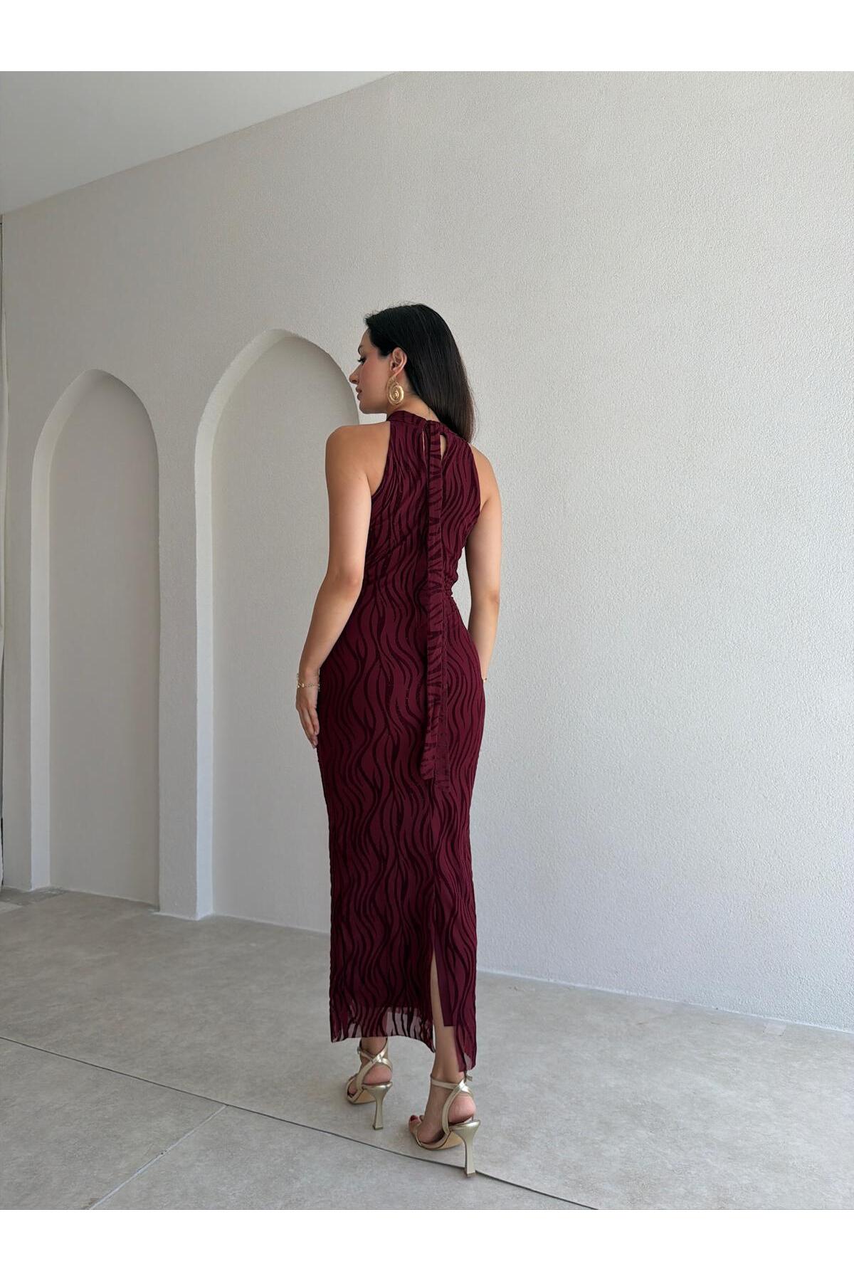 Mooi Butik  WİSTERİA Simli Midi Elbise 8959 - Bordo - Görsel 4