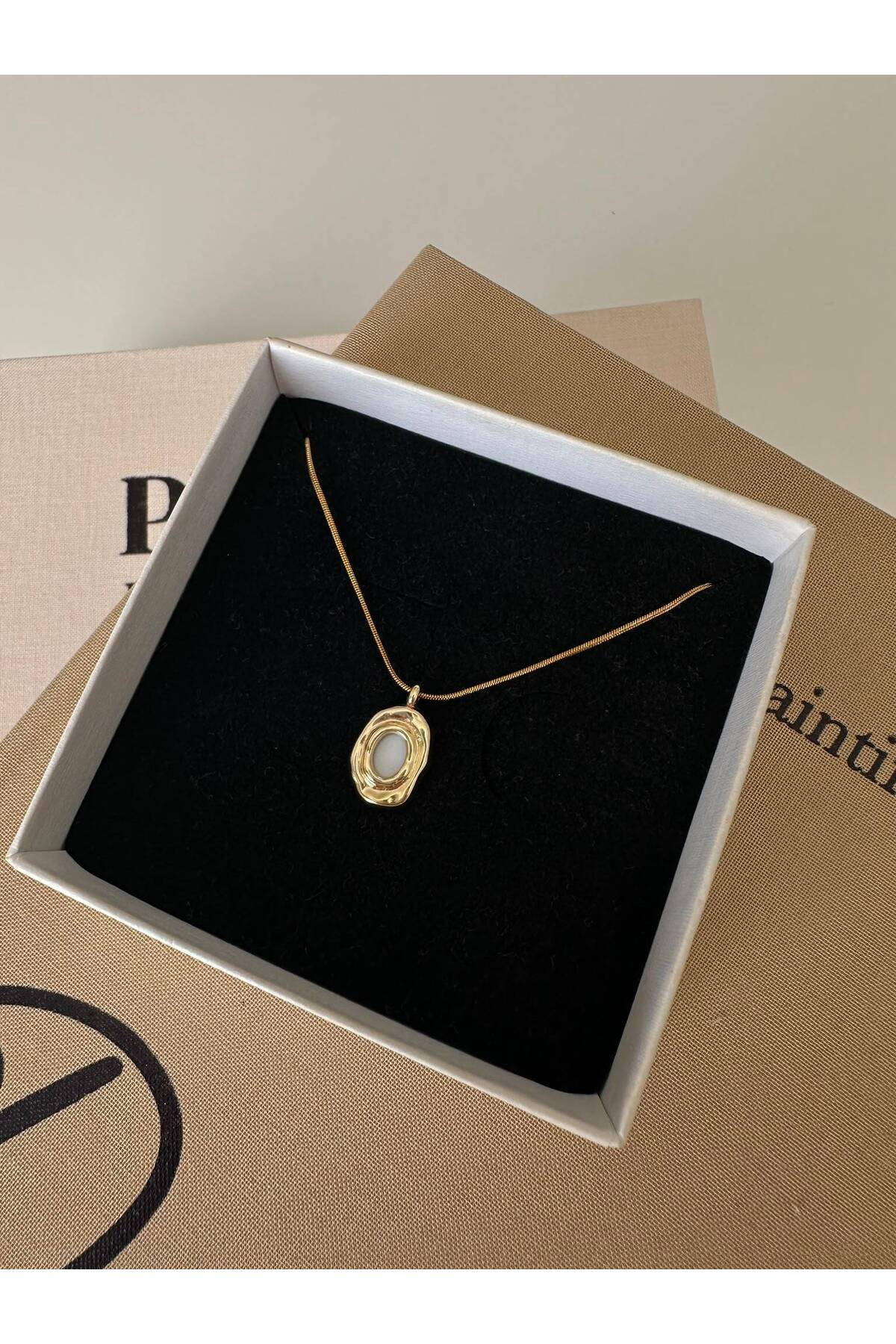 Minimal Sedefli Oval Plaka Charm Çelik Zincirli 45 cm Yazlık Gold Kolye - Detay Görseli 3