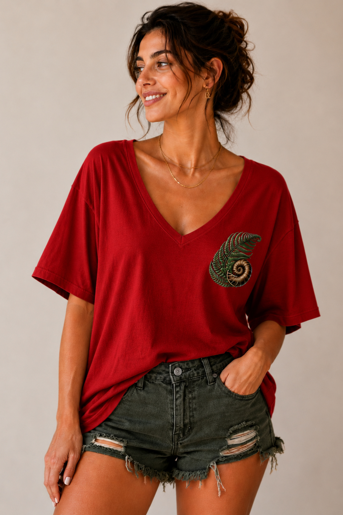 ArtYus Yaprak ve Salyangoz Baskılı V Yaka Salaş Unisex Oversize Tişört - Pamuklu Günlük T-Shirt