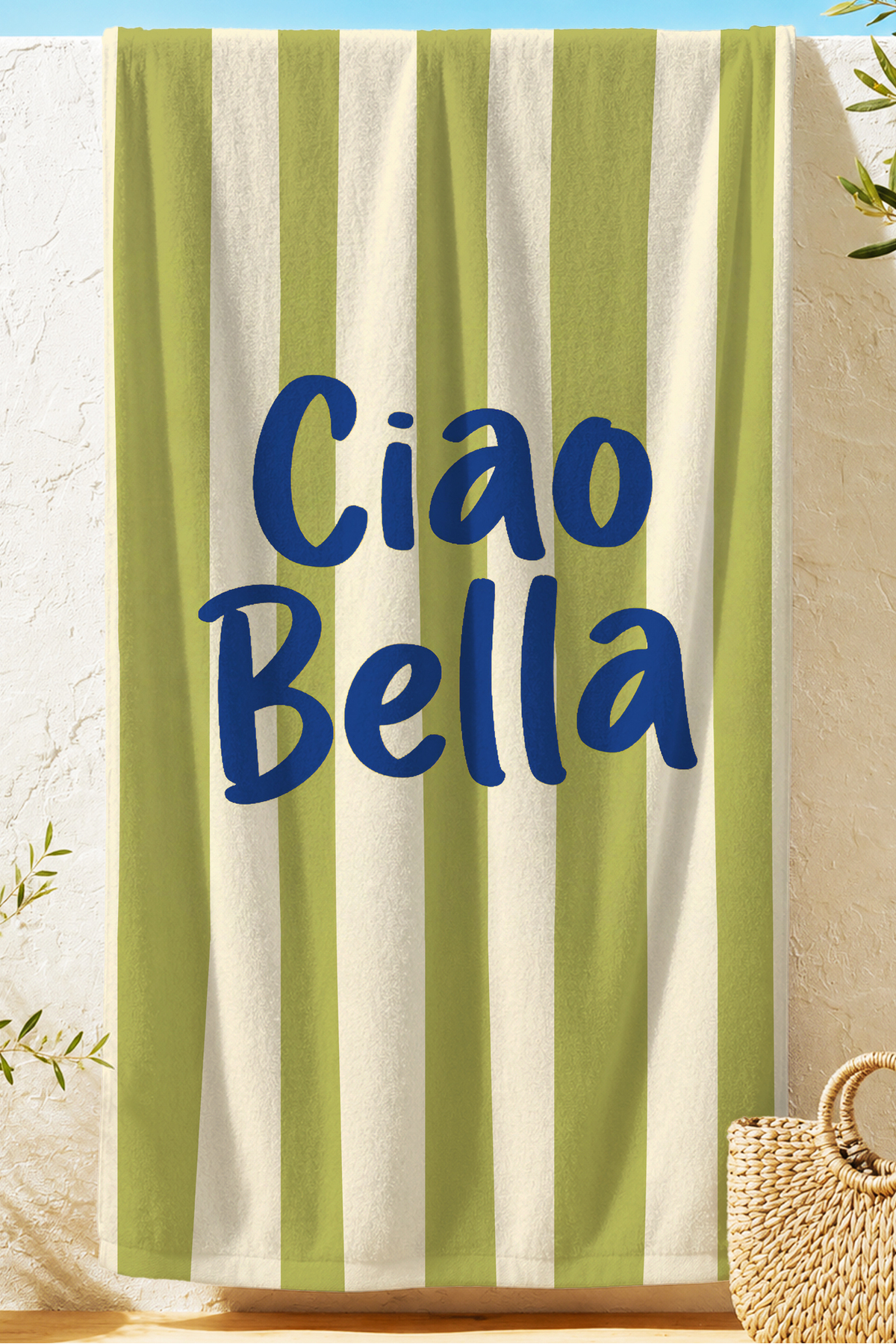 Striped Ciao Bella Green White Beach Towel-Modern Minimalist Marine Fast Drying Microfiber Towel