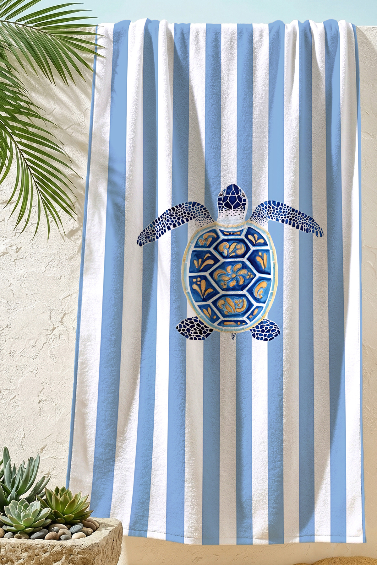 Blue Striped Turtle Marine Beach Towel - Mediterranean Style White Navy Microfiber Towel