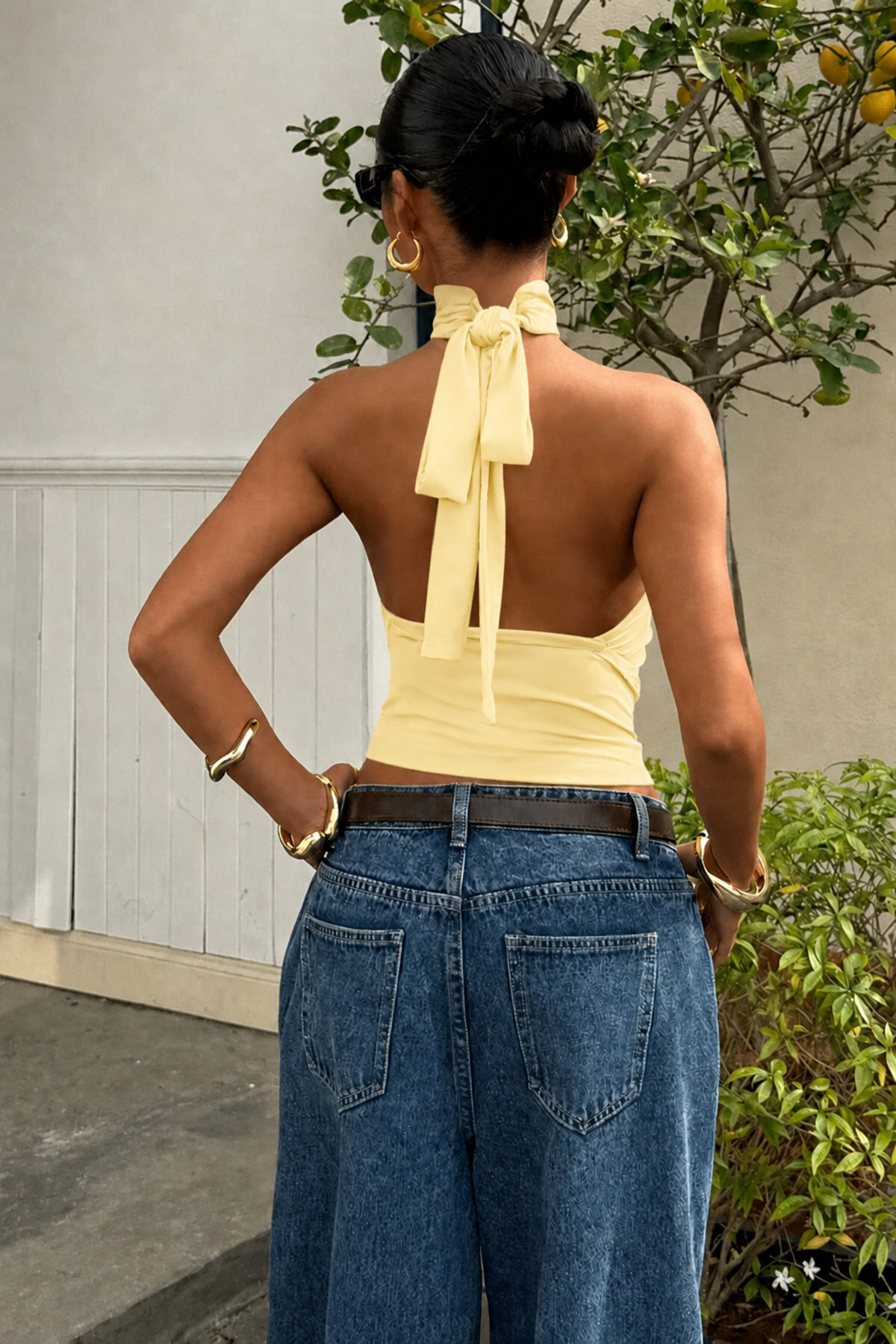 World Fashion Trends  Bele Oturan Bağcıklı Esnek Crop top bluz TEREYAĞ SARISI - Görsel 3
