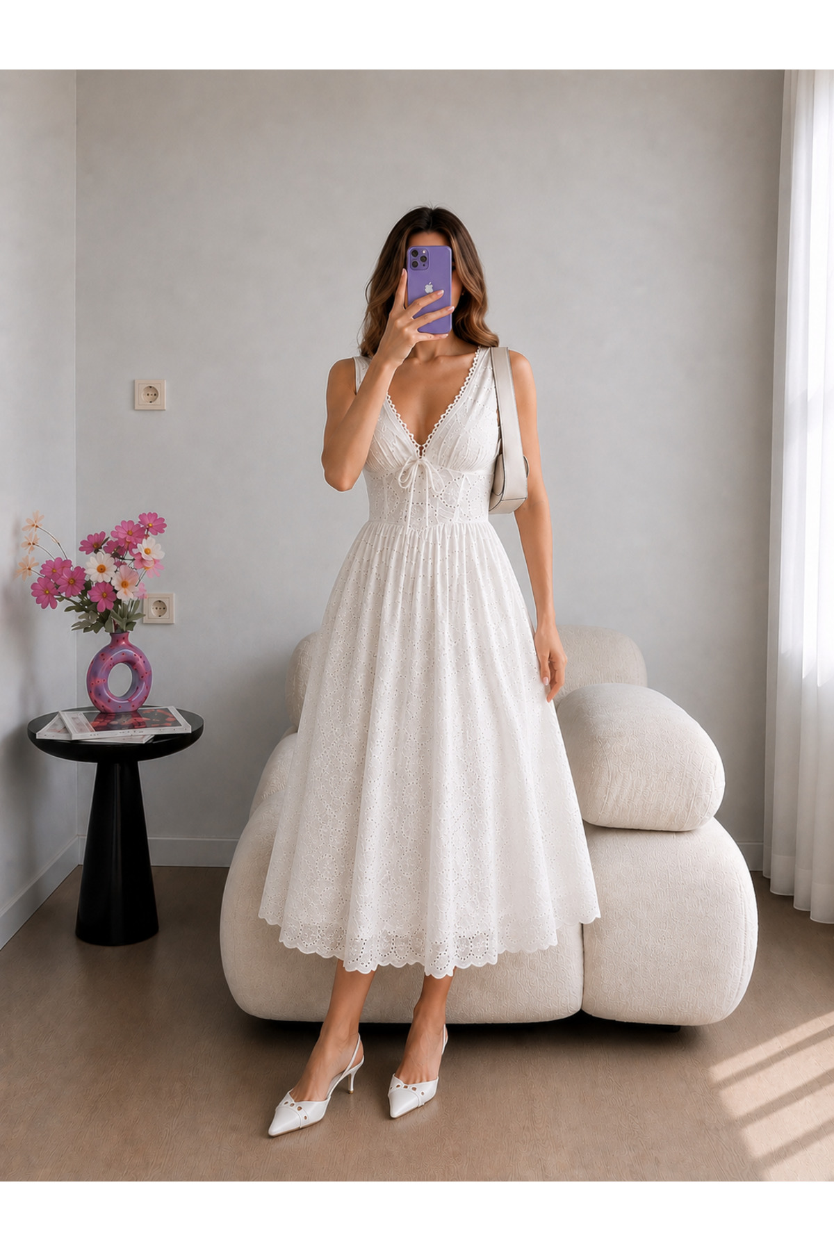 Ekim Store  Fistolu Bağcıklı Askılı Uzun Elbise - Görsel 6