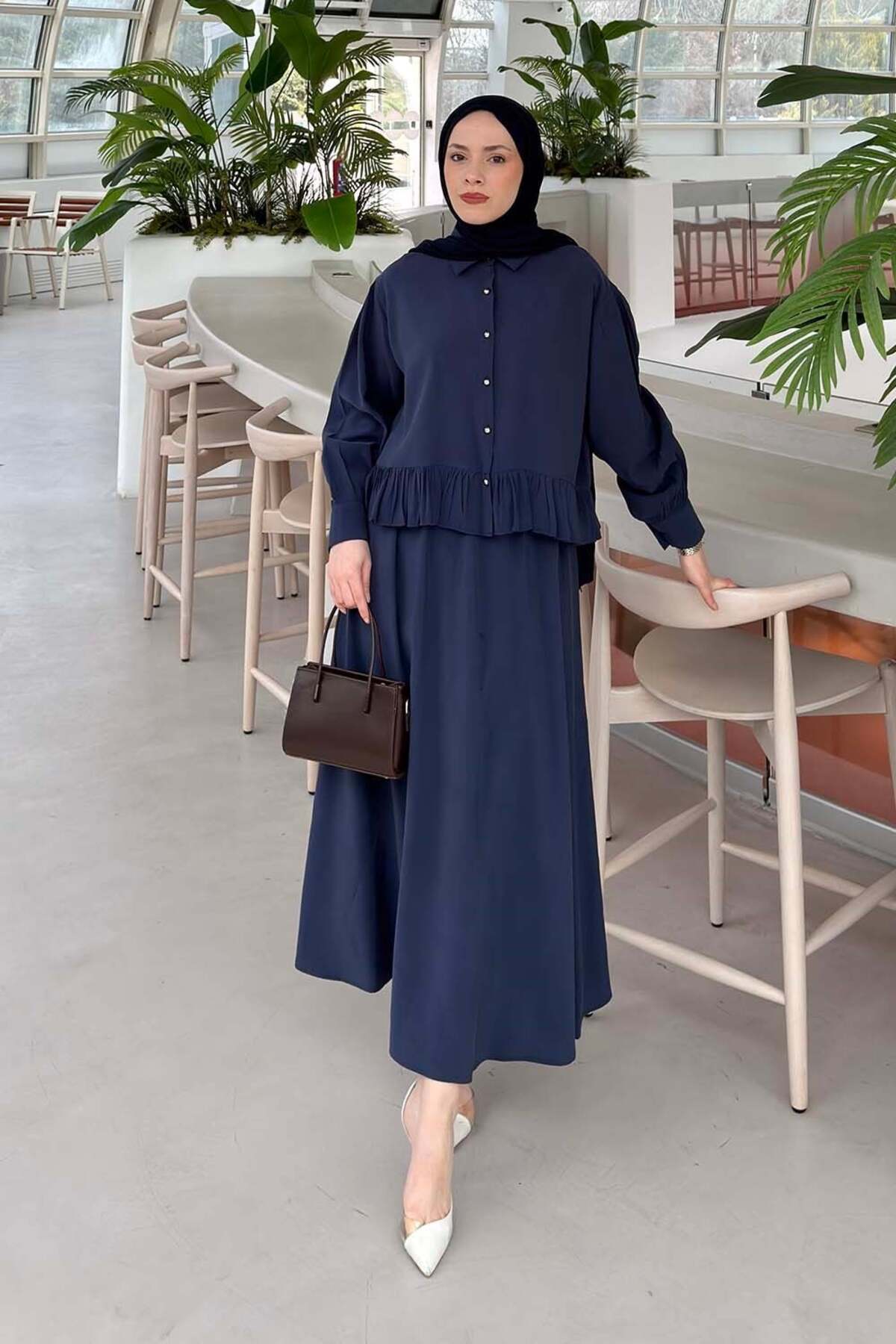 Lamelif Gathered Detailed Skirt Suit in Navy Blue