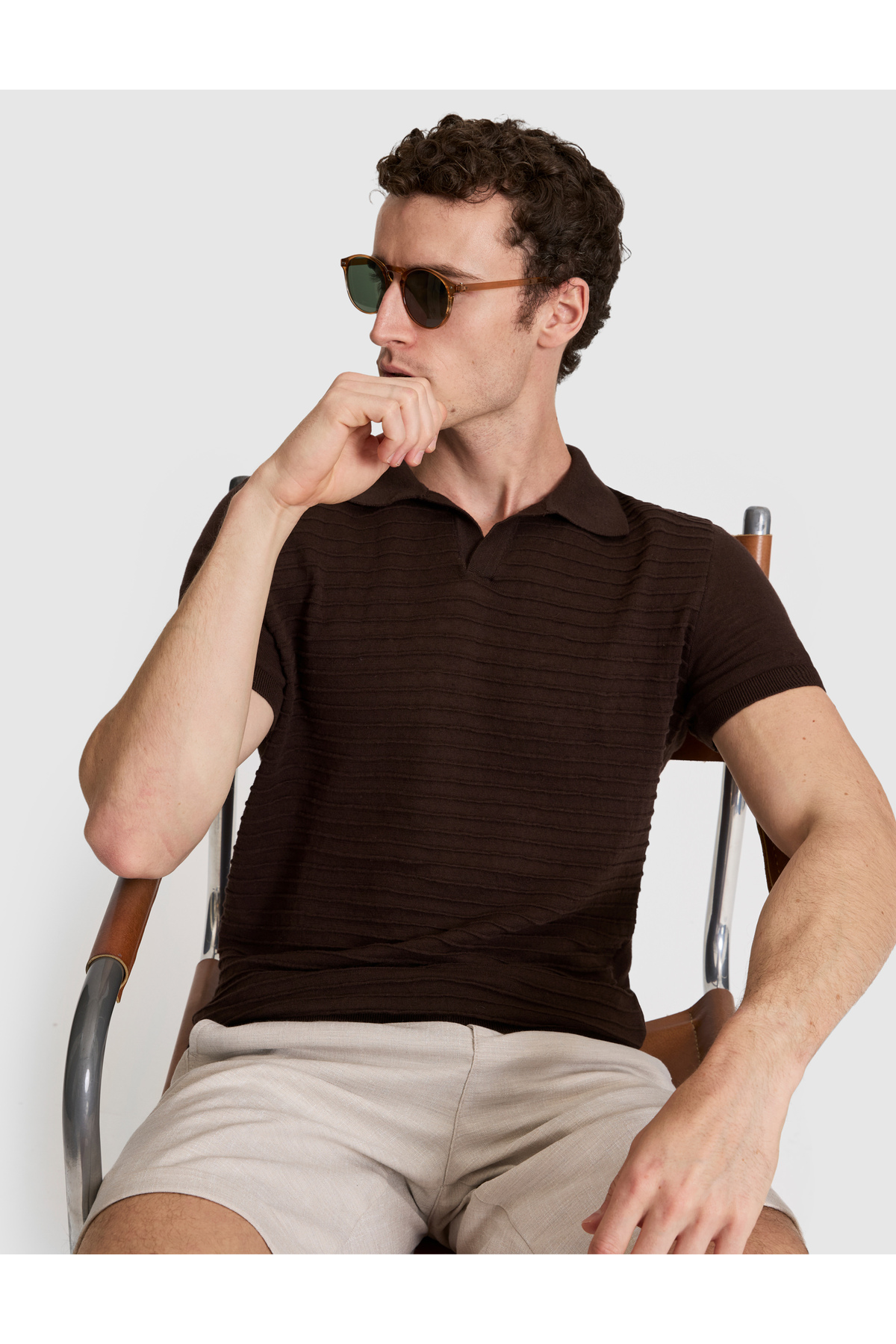 Pierre Cardin Dark Brown Slim Fit Linen Blend Apaş Collar Knitwear T-Shirt 50320799-Vr084