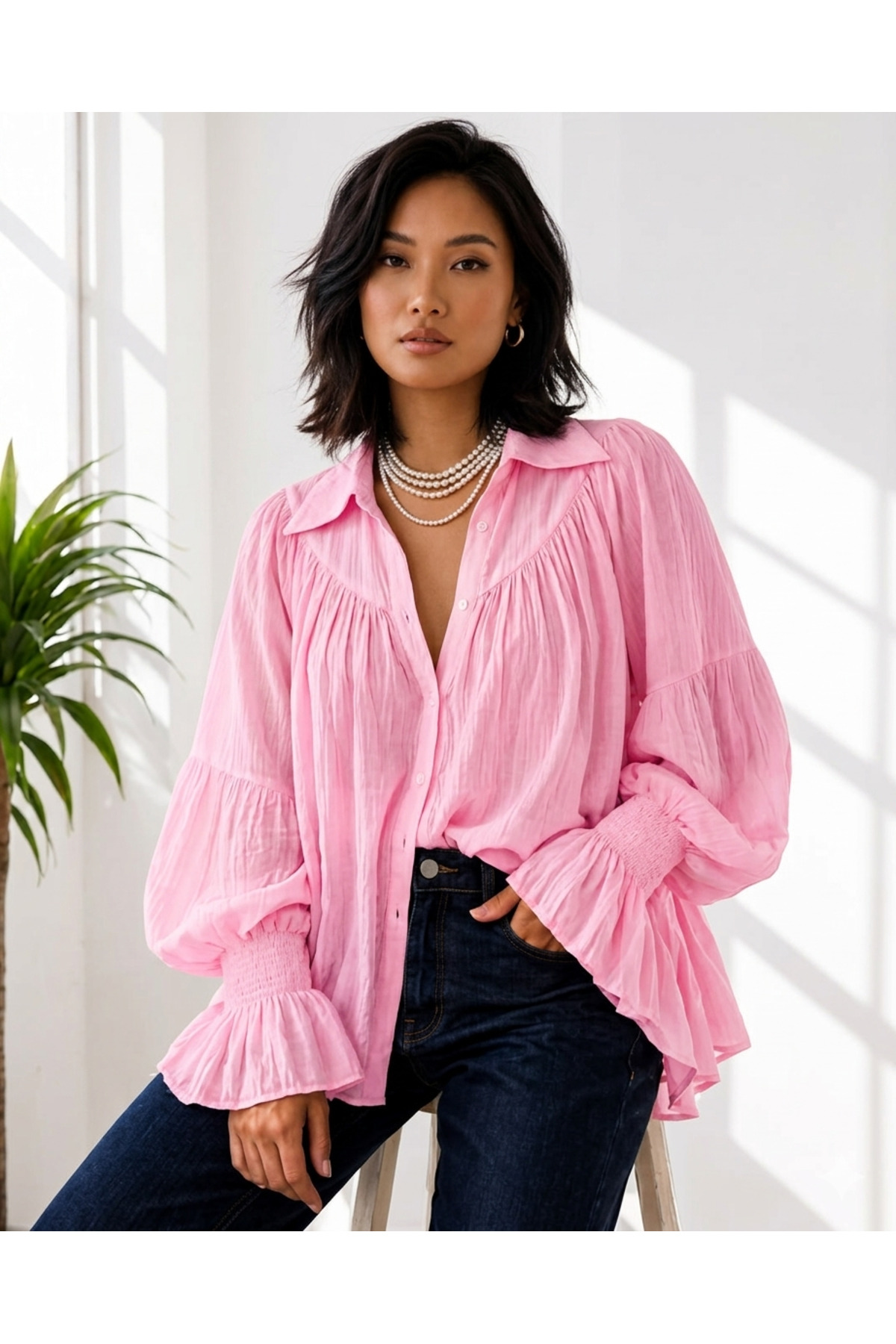 Shirring and Sleeve Detailed Shirt