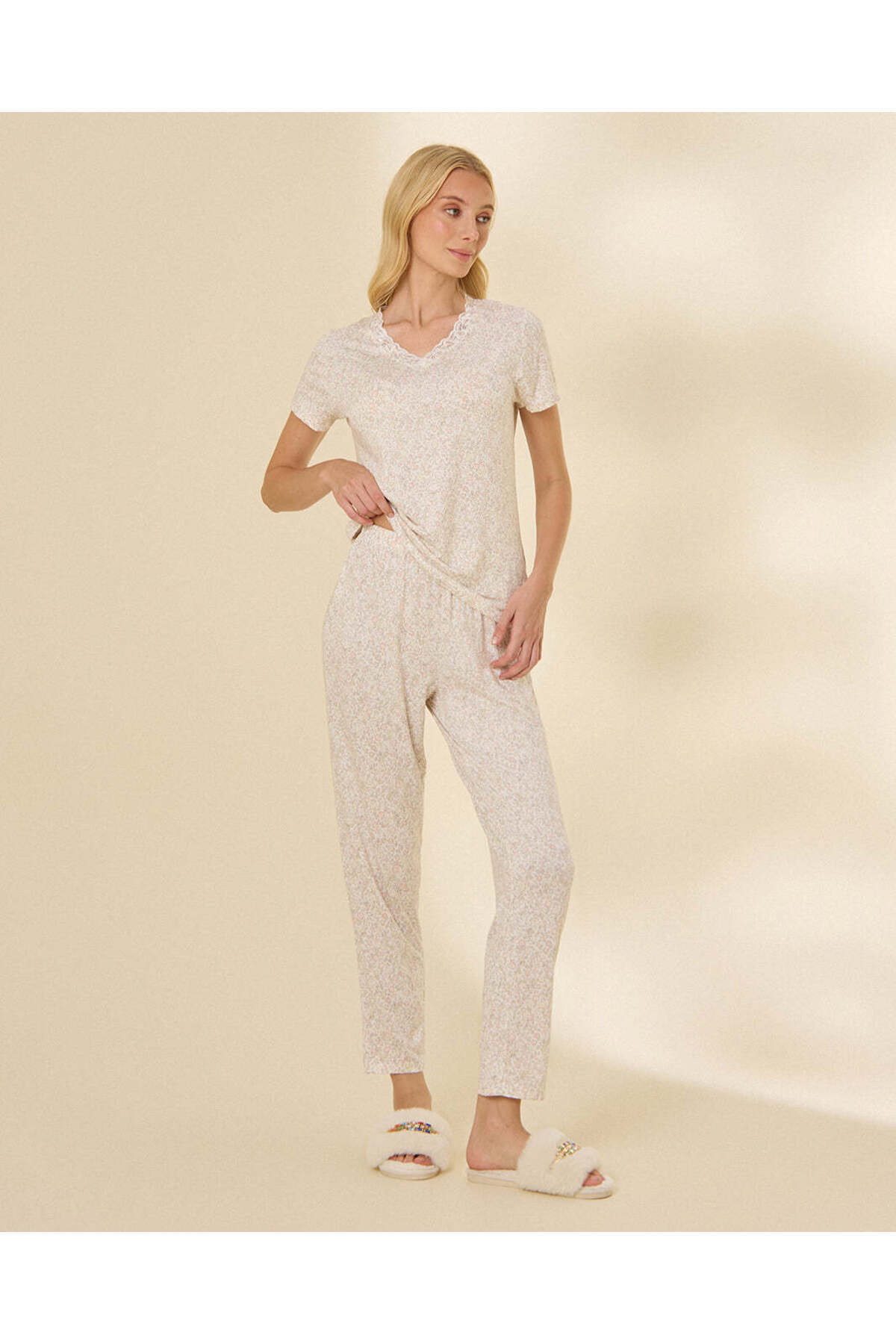 REDTAG Women's Lace Trim V-Neck Printed Pajama Set