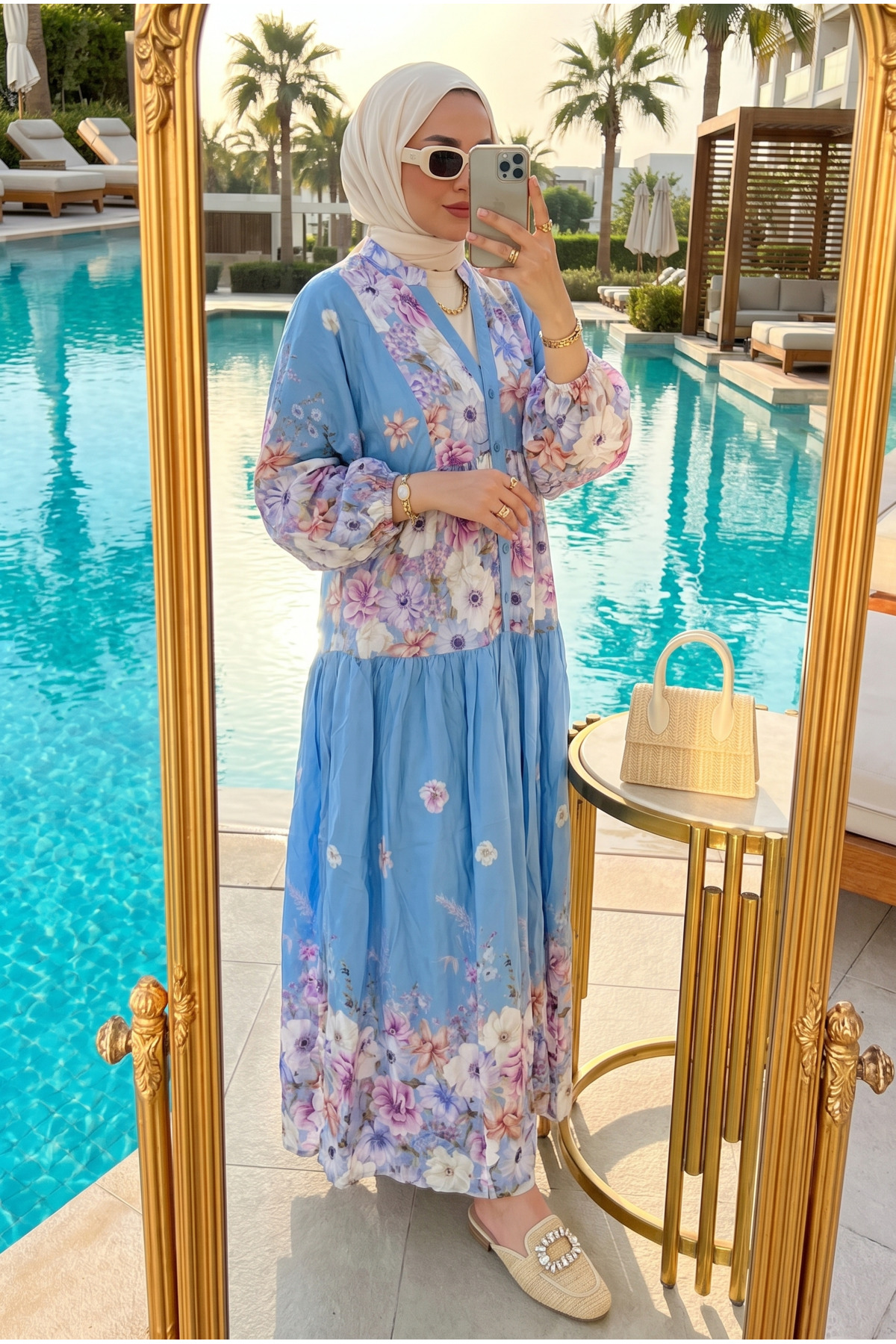 Women's Luxury Floral Pattern Layered Modest Dress – Elegant and Spacious Summer Style (no LINING)