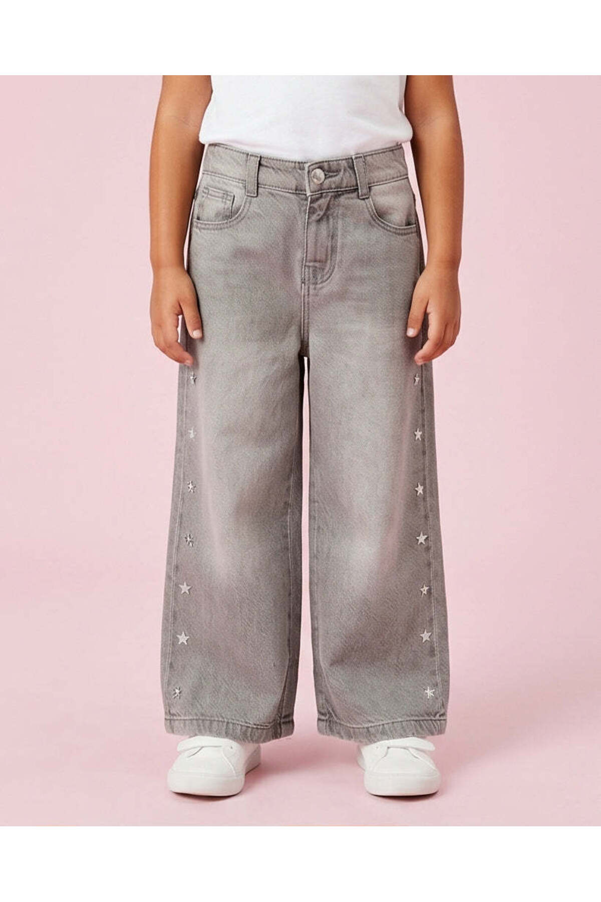 REDTAG Girls Grey Embellished Wide Leg Jeans