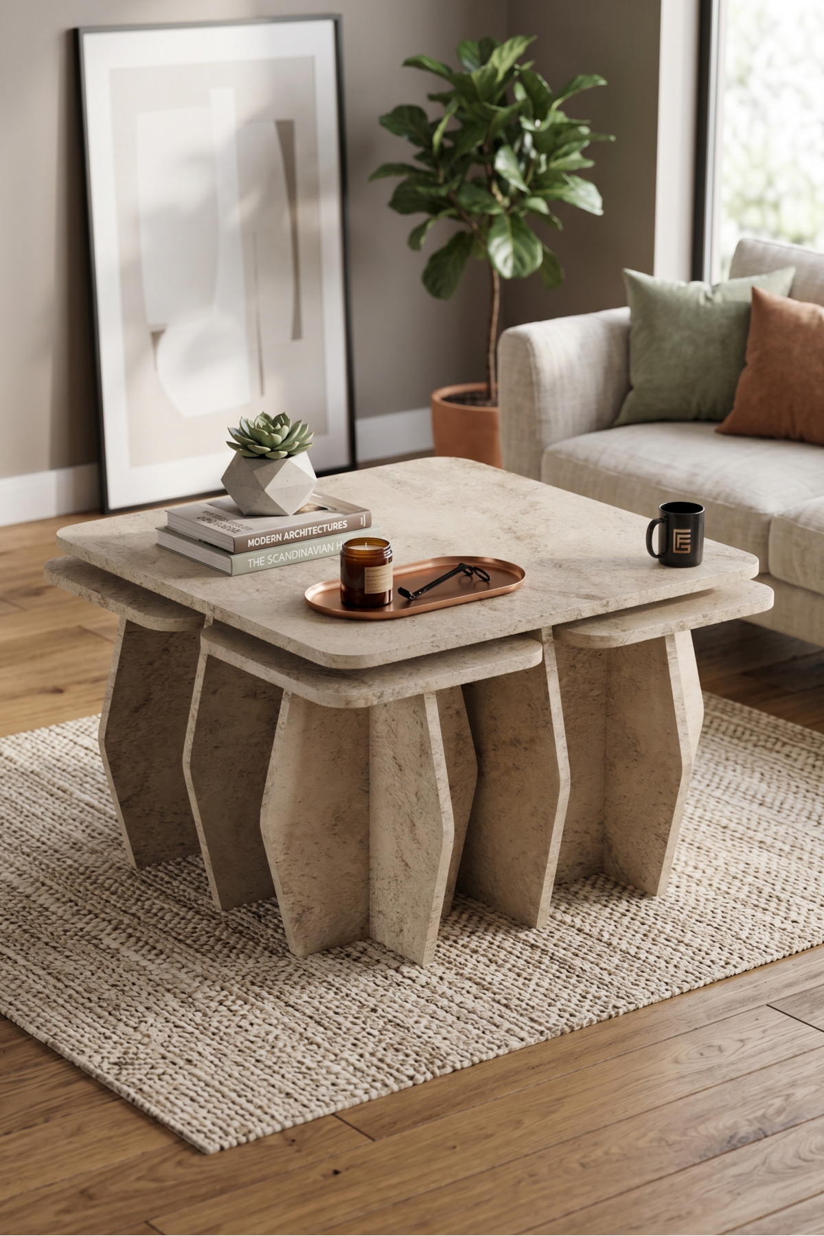 Orta Sehpa Ve Zigon Sehpa 5'li Set Modern Çok Amaçlı Salon Oturma Odası Yan Sehpa 9249 Traverten görsel 2