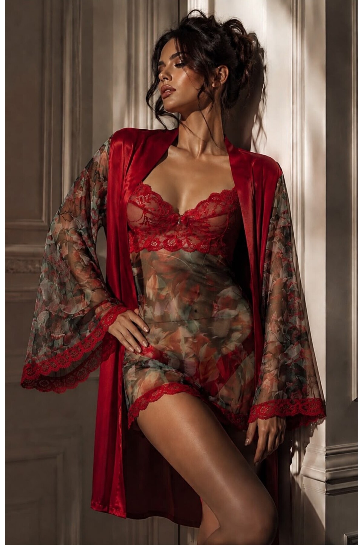 For Dreams Kadın Dantel ve Tül Kısa Gecelik Takımı 3lü Set 4952