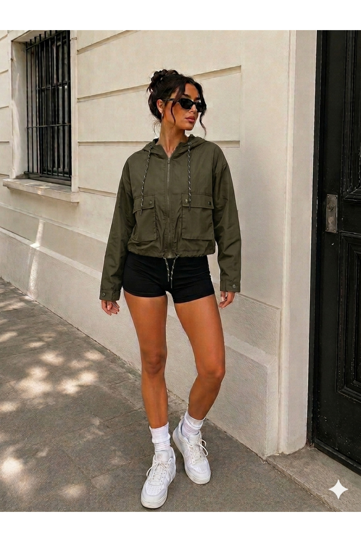 ladyzey kadın haki kapüşonlu crop yağmurluk