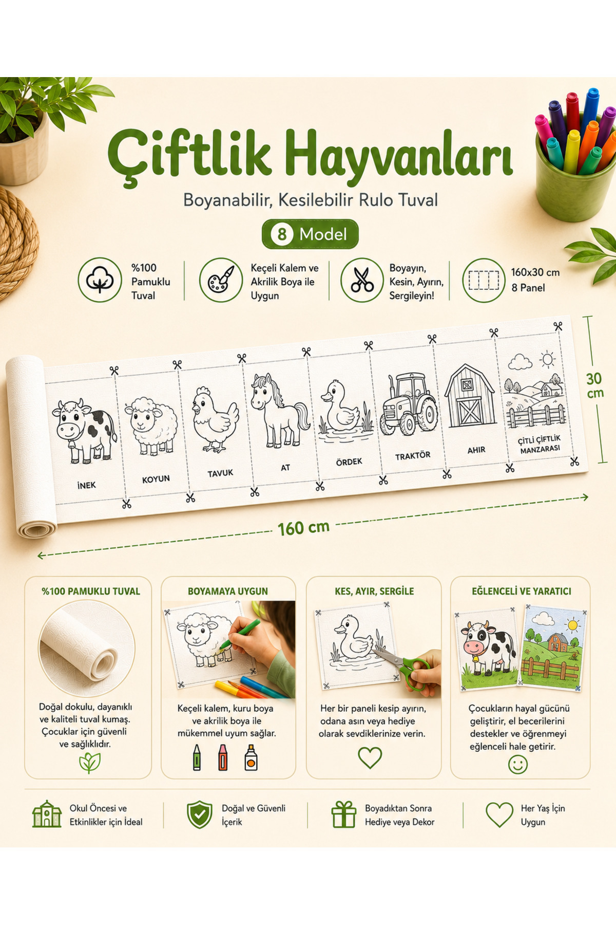 Boyanabilir Kesilebilir Rulo Tuval Çiftlik Hayvanları 8 Model Çocuk Boyama Seti 160x30 cm