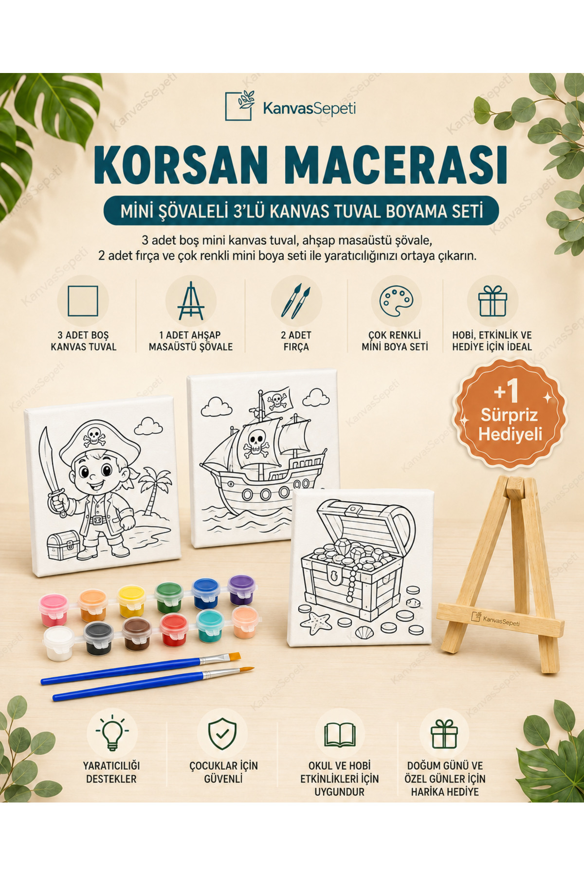 Korsan Macerası Mini Şövaleli 3'lü Boyanabilir Kanvas Tuval Seti 20x20 12 Renk Boya