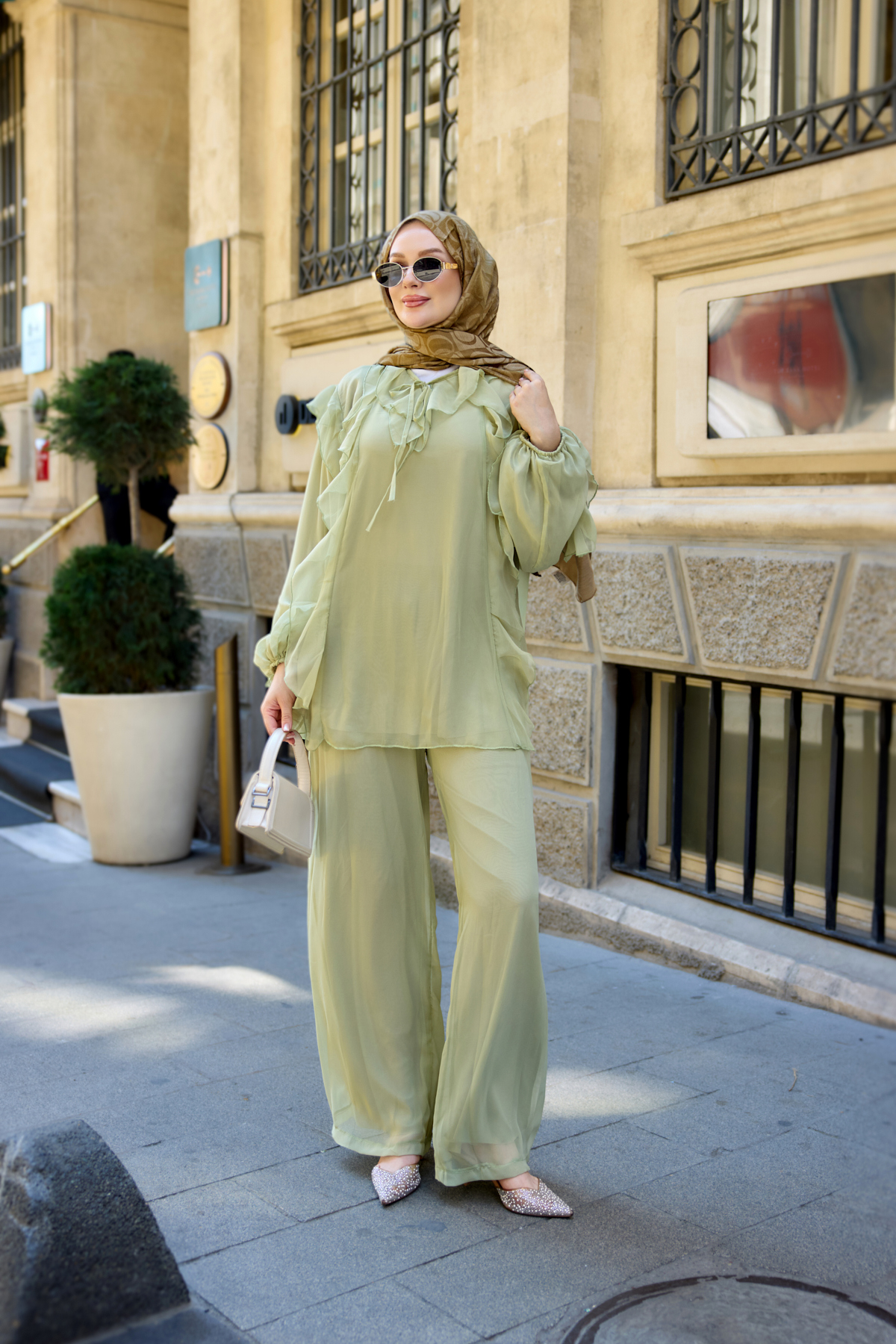 LOCCO Women's Lined Tulle Suit with Ruffle Detail Pants Green