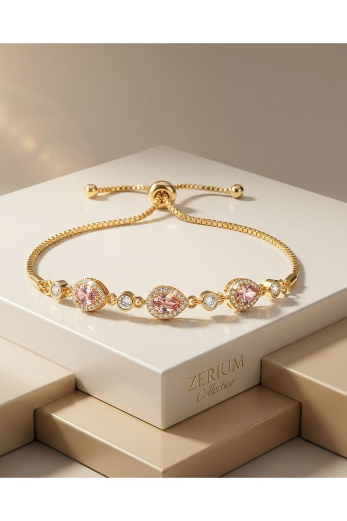 Women's Steel Lift Bracelet Gold Color Oval Pink Gemstone