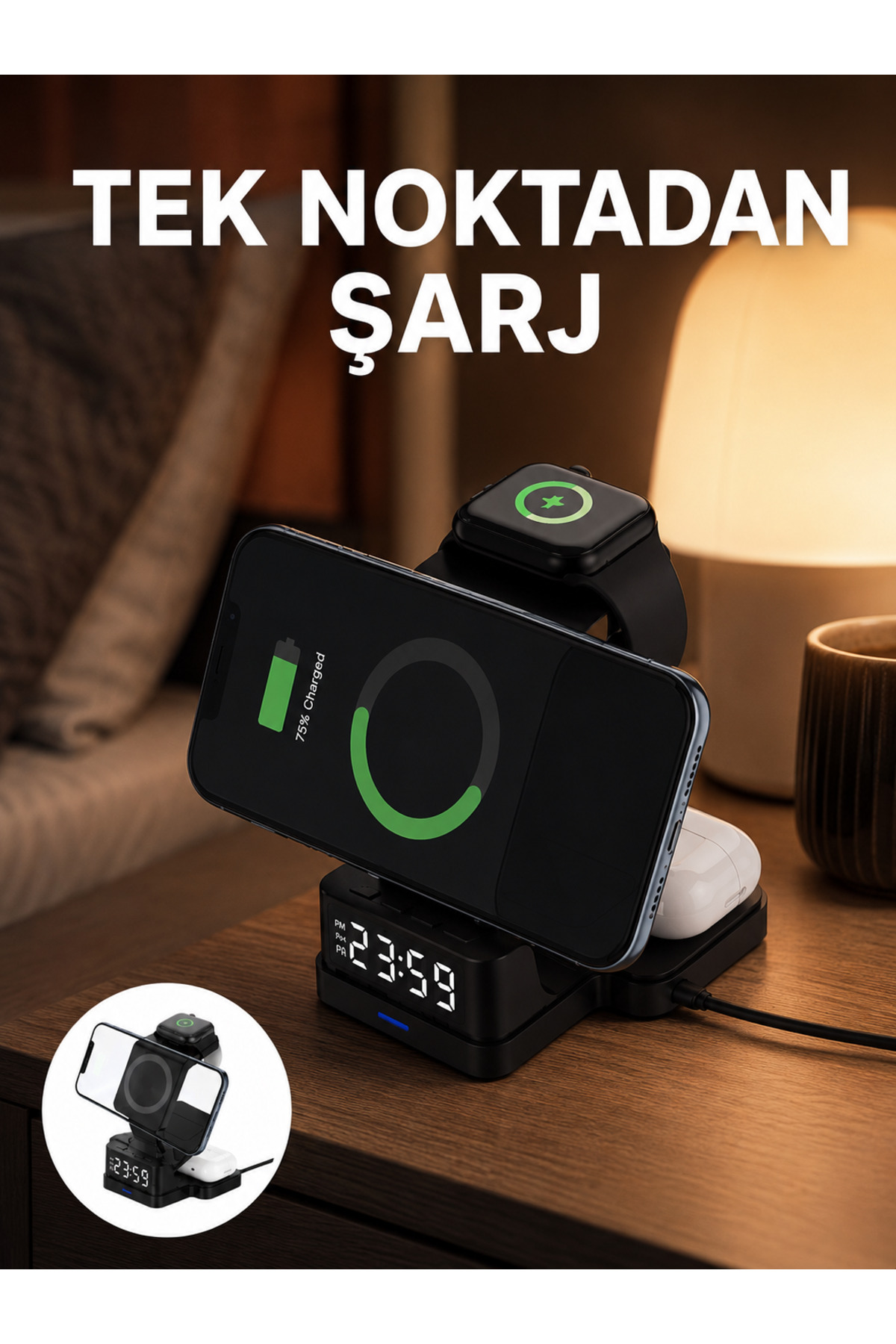 markentegra LED Dijital Saatli Kablosuz Şarj Cihazı – 3 Parlaklık Ayarlı, Şarj Koruma Teknolojili Yeni Nesil