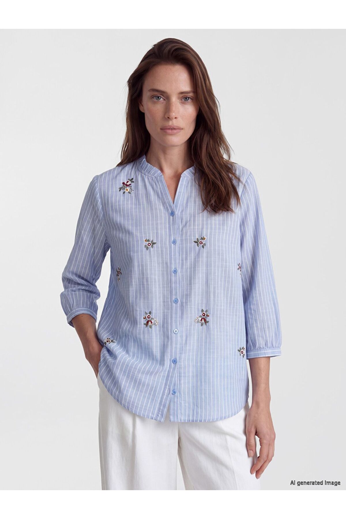 LC Waikiki Lcw Grace Blue Crochet Collar 100% Cotton Striped Blouse