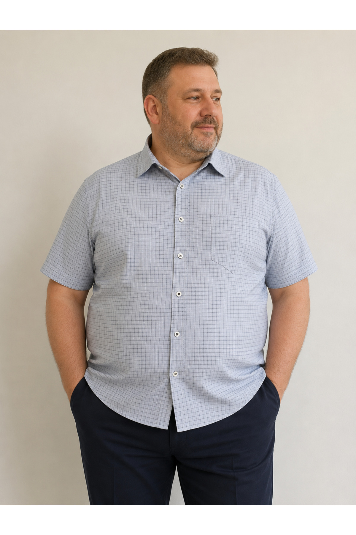 BABA PANT BOTRES BÜYÜK BEDEN(3XL-4XL) KISA KOL PAMUKLU TEK CEPLİ PİTİ KARELİ BABA GÖMLEĞİ, GRİ