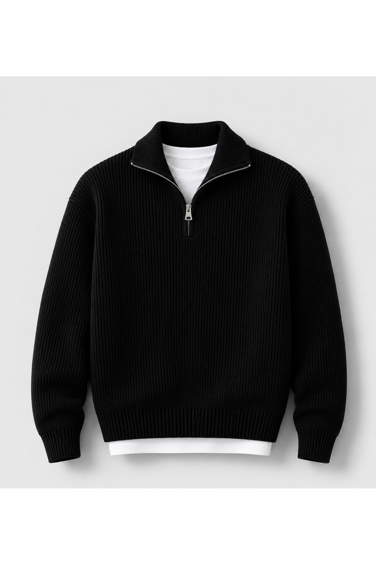 threeoff Erkek Selanik Örme Yarım Fermuarlı Triko Kazak Dik Yaka Kışlık Kalın Dokulu Modern Fit Premium