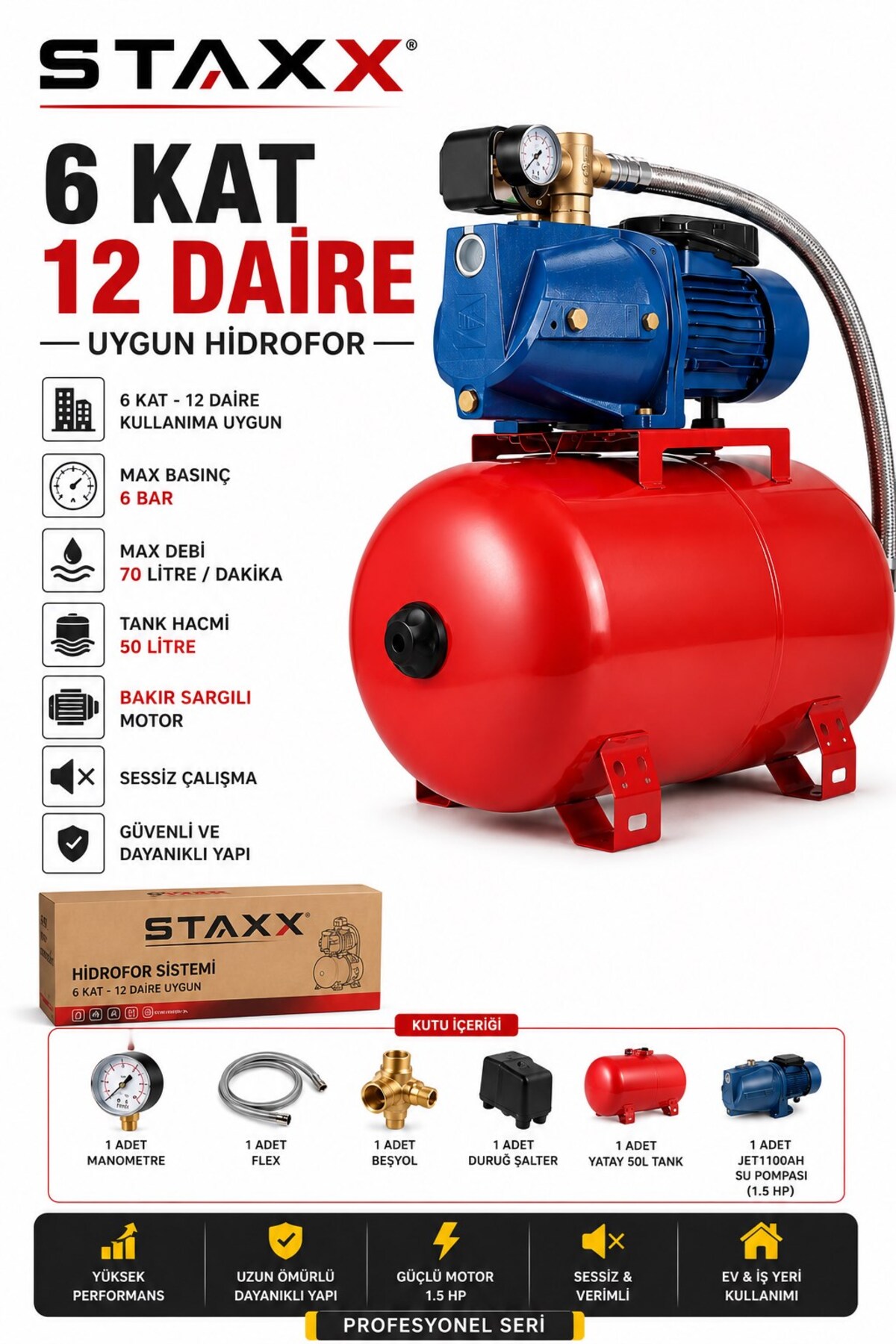 STAXX POWER 1.5 HP 50 LT Hidrofor Jet150 Otomatik Su Pompası Bakır Sargı 6 Kat 12 Daire Apartman Villa Hidrofor