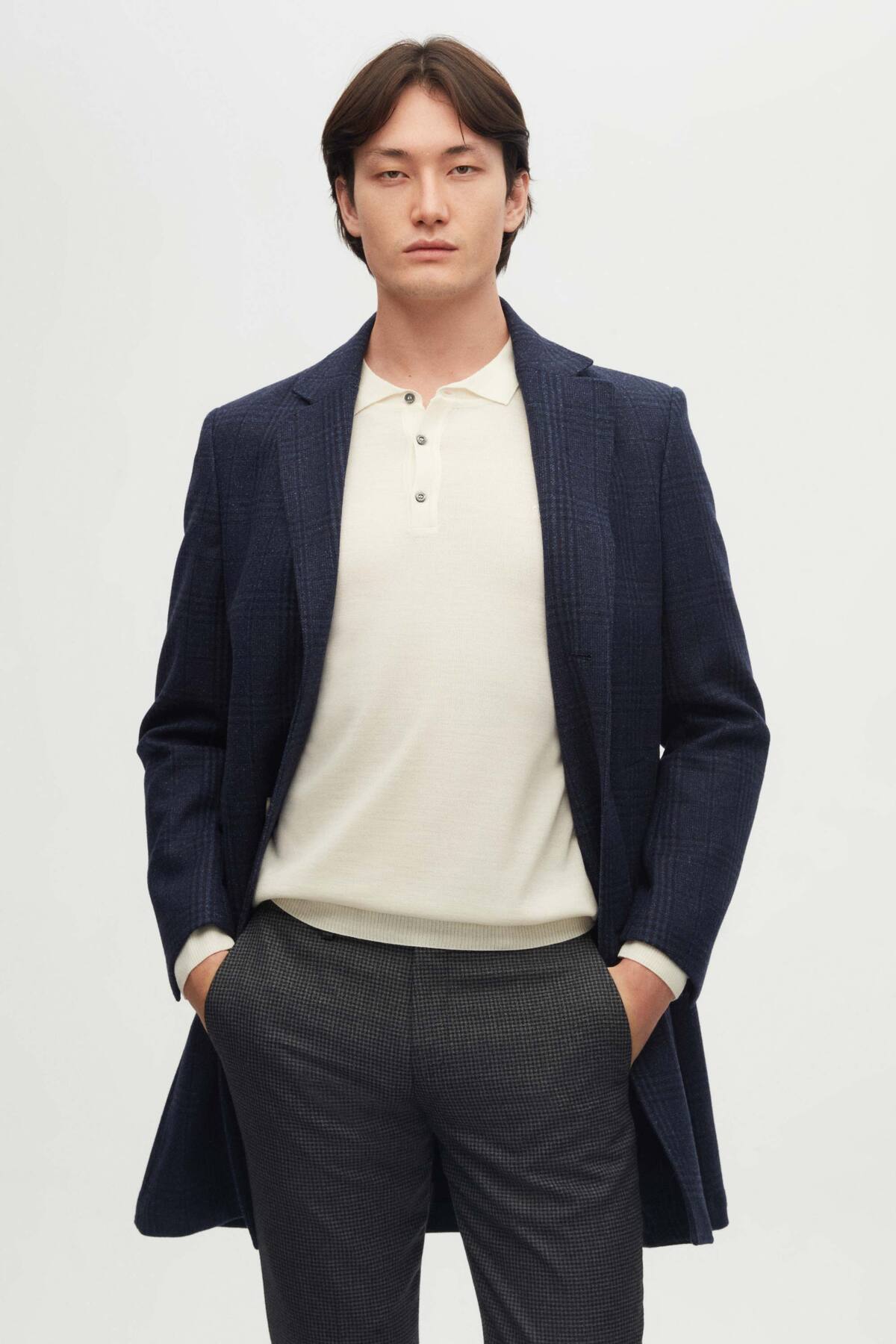 Damat Slim Fit Lacivert Ekose Yün Palto görsel 2