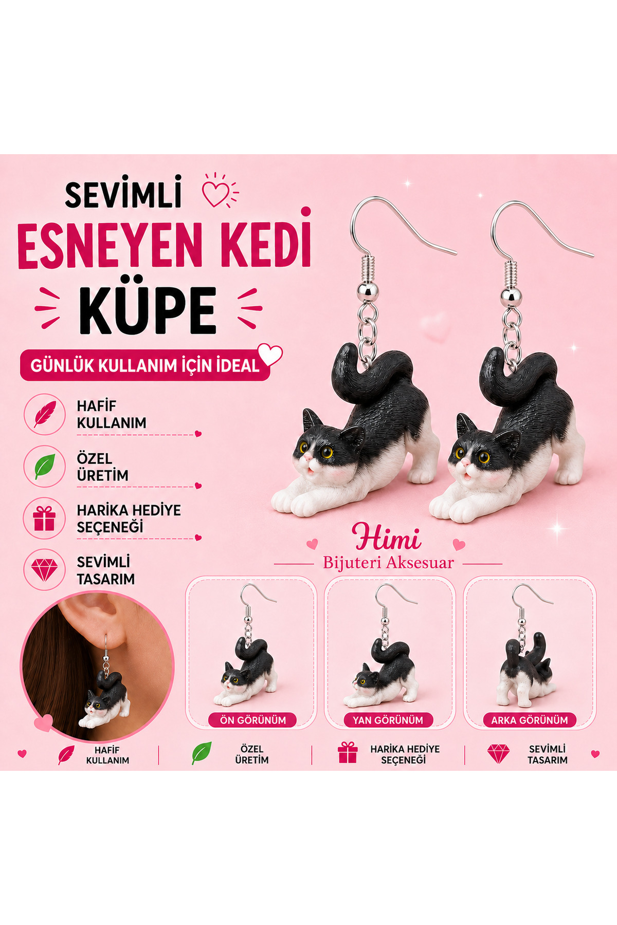 Neşeli Genleşen Kedi Hayvan Figürlü Sallantılı Küpe Hafif Tasarım Günlük Kullanım Bijuteri Çocuk Küpesi