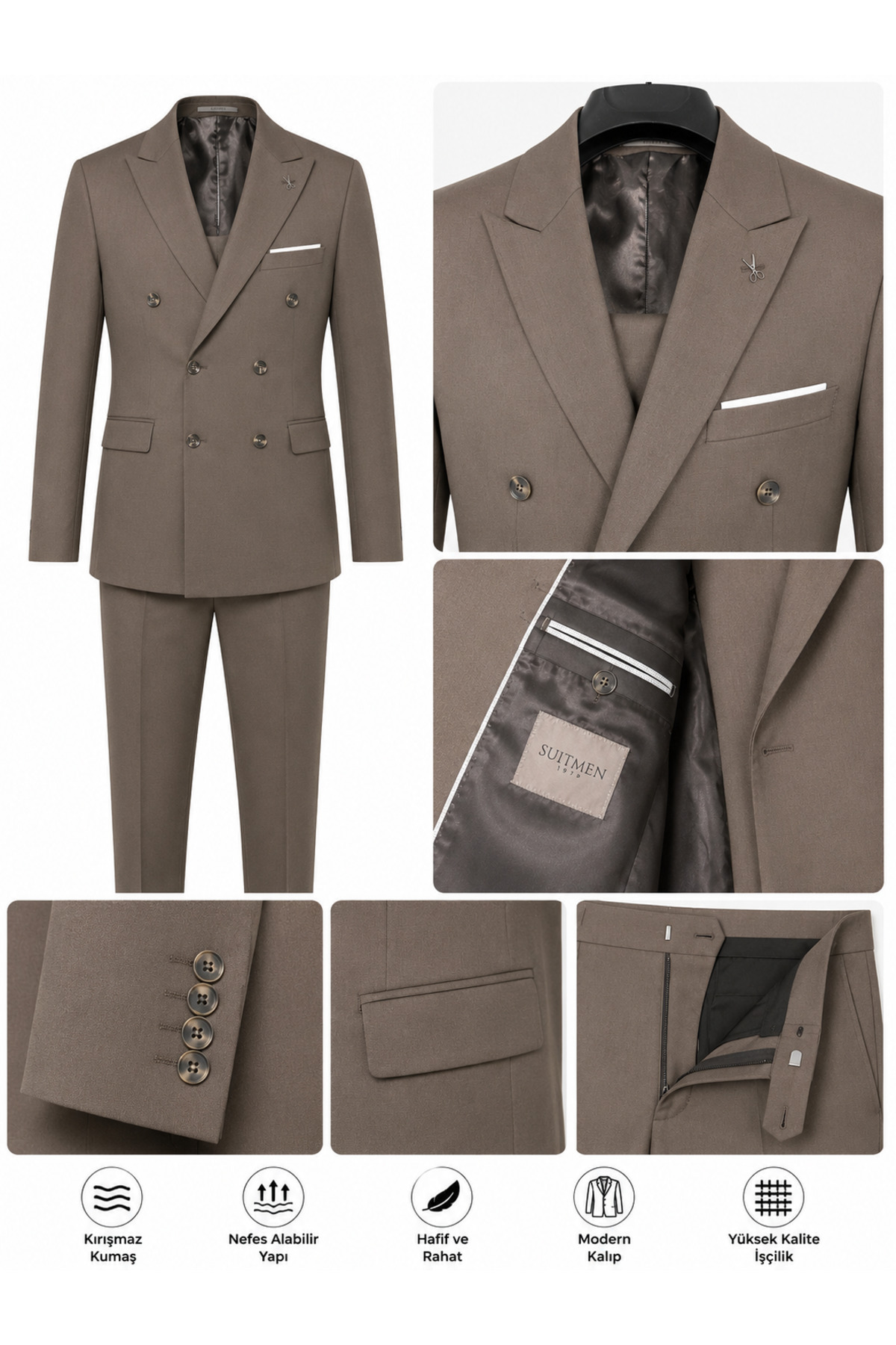 Vizon Kruvaze Erkek Takım Elbise – Slim Fit Premium Kesim — بژ BYMEN292993