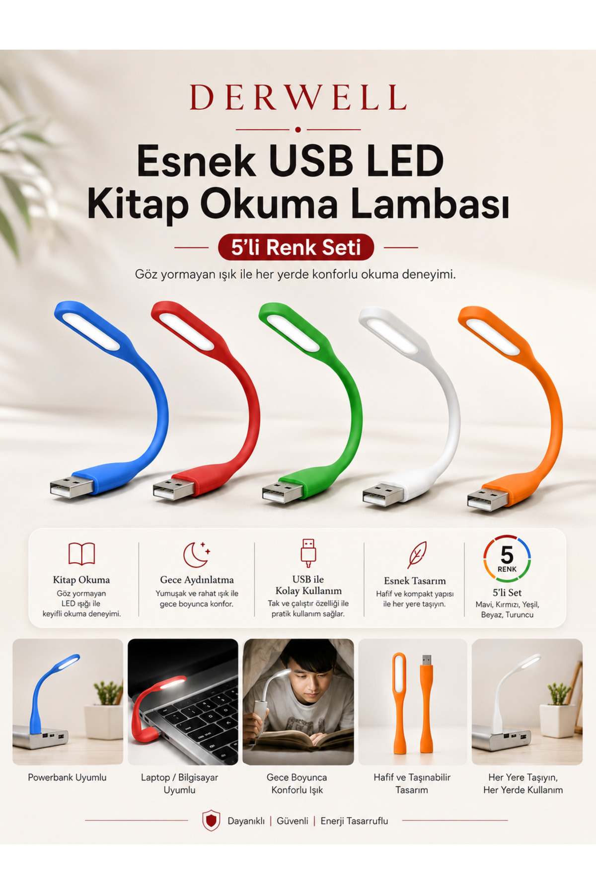 5 Lİ SET RENKLİ USB LED Kitap Okuma Lambası Taşınabilir Mini Masa Üstü Gece Lambası Laptop Bilgisayar Uyumlu Bükülebilir Göz Yormayan Aydınlatma Işığı Şarjlı Powerbank Uyumlu Pratik Kitap Okuma Işığı
