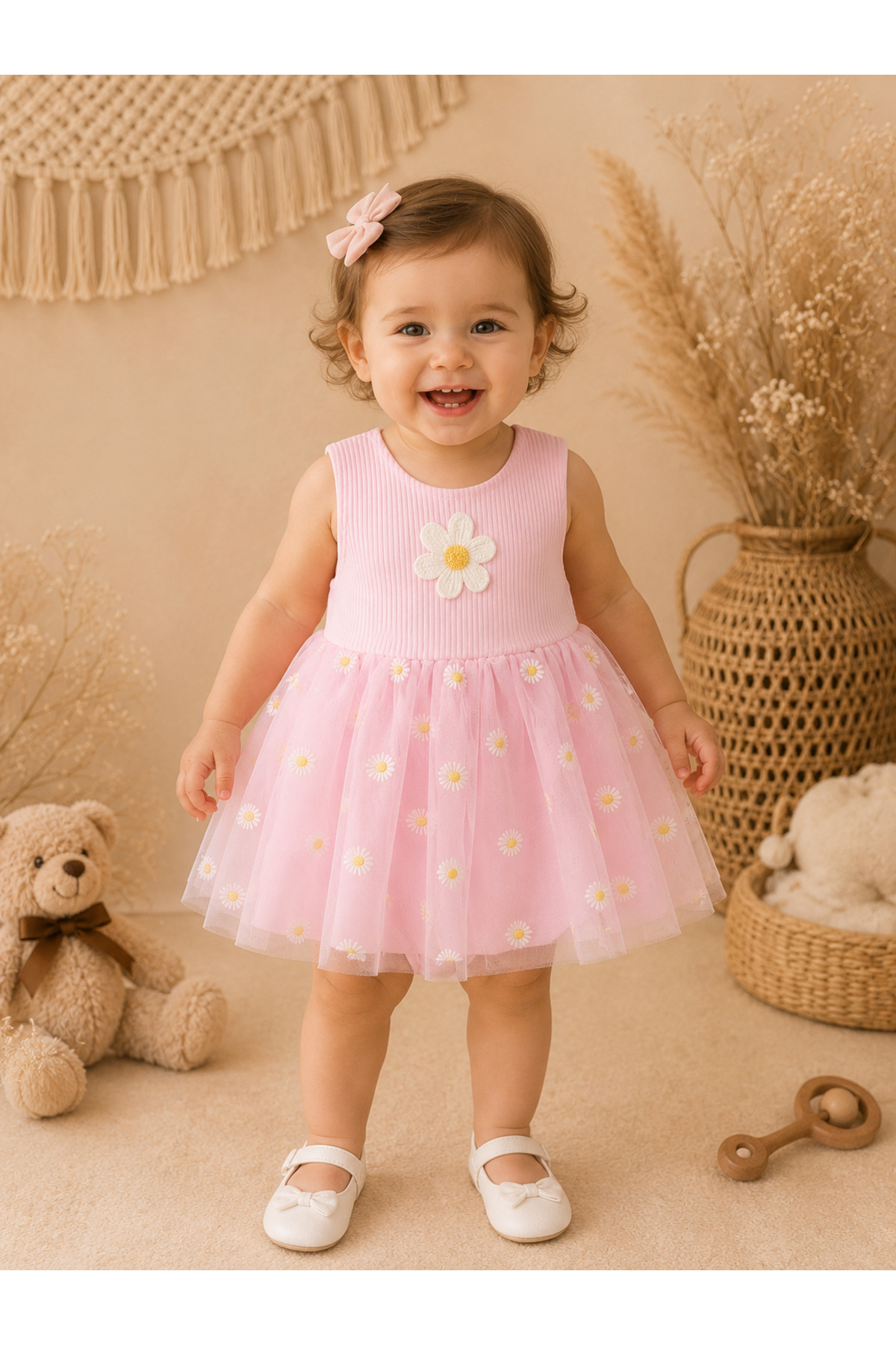 Kız Bebek Papatya Desenli Tüllü Body Elbise – Şık Tütü Elbise Görünümlü Çıtçıtlı Bebek Body