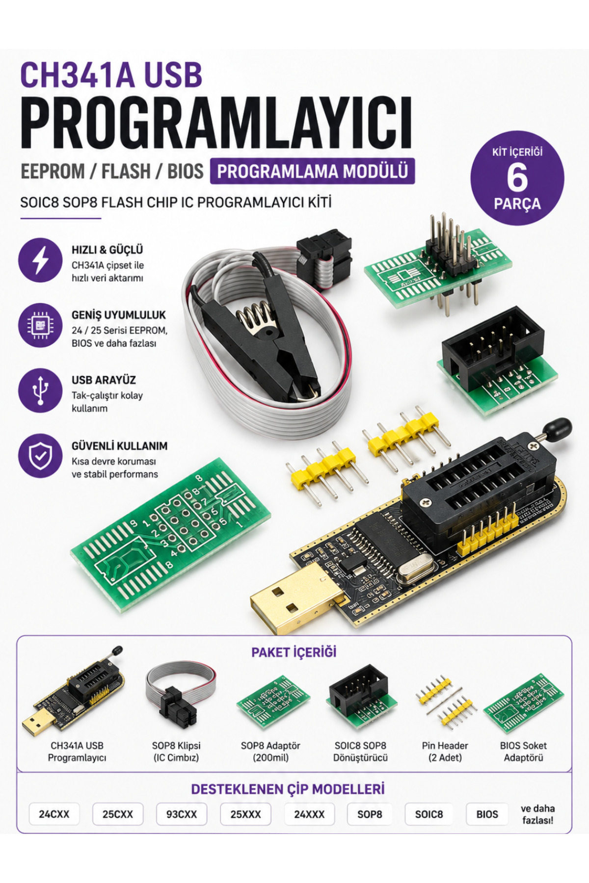 RoboPazar SOIC8 SOP8 Flash Chip IC CH341A USB Programlayıcı EEPROM