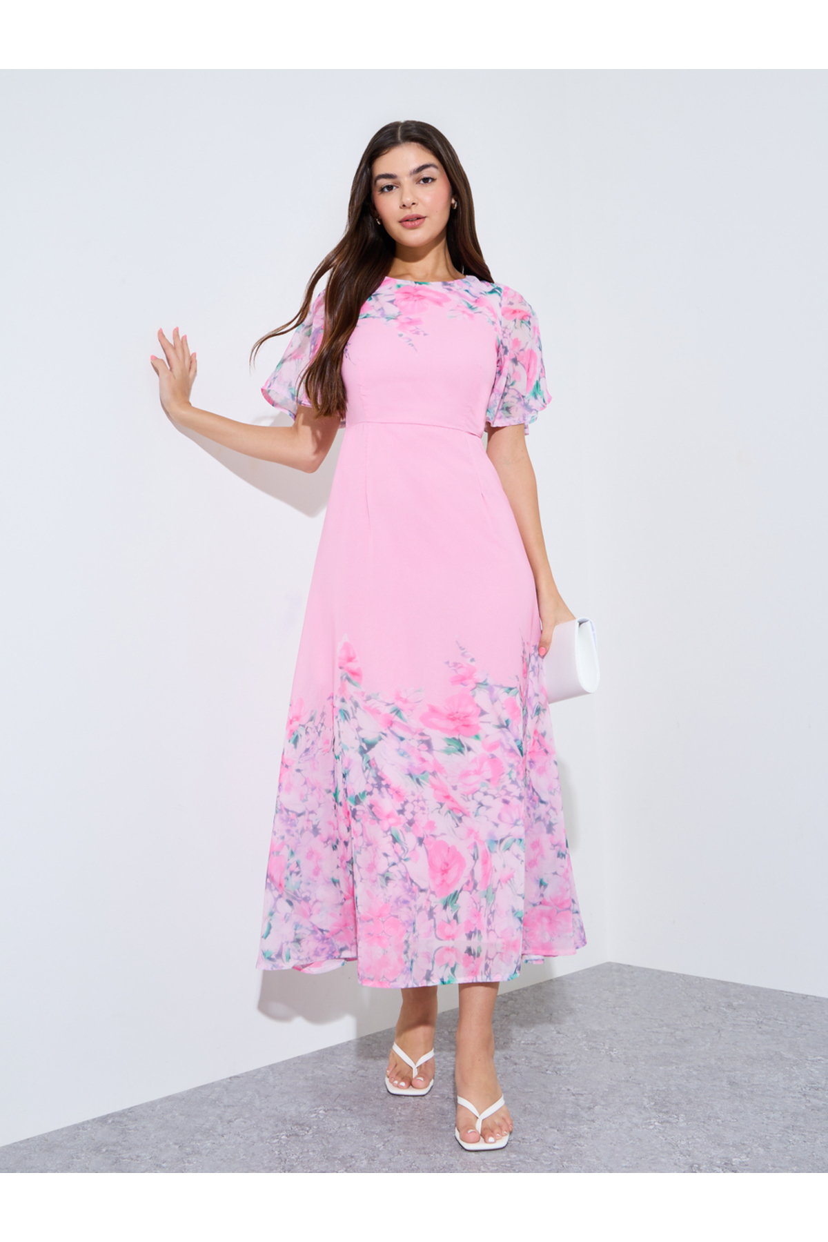 Styli Floral Print Short Sleeves A-Line Maxi Dress
