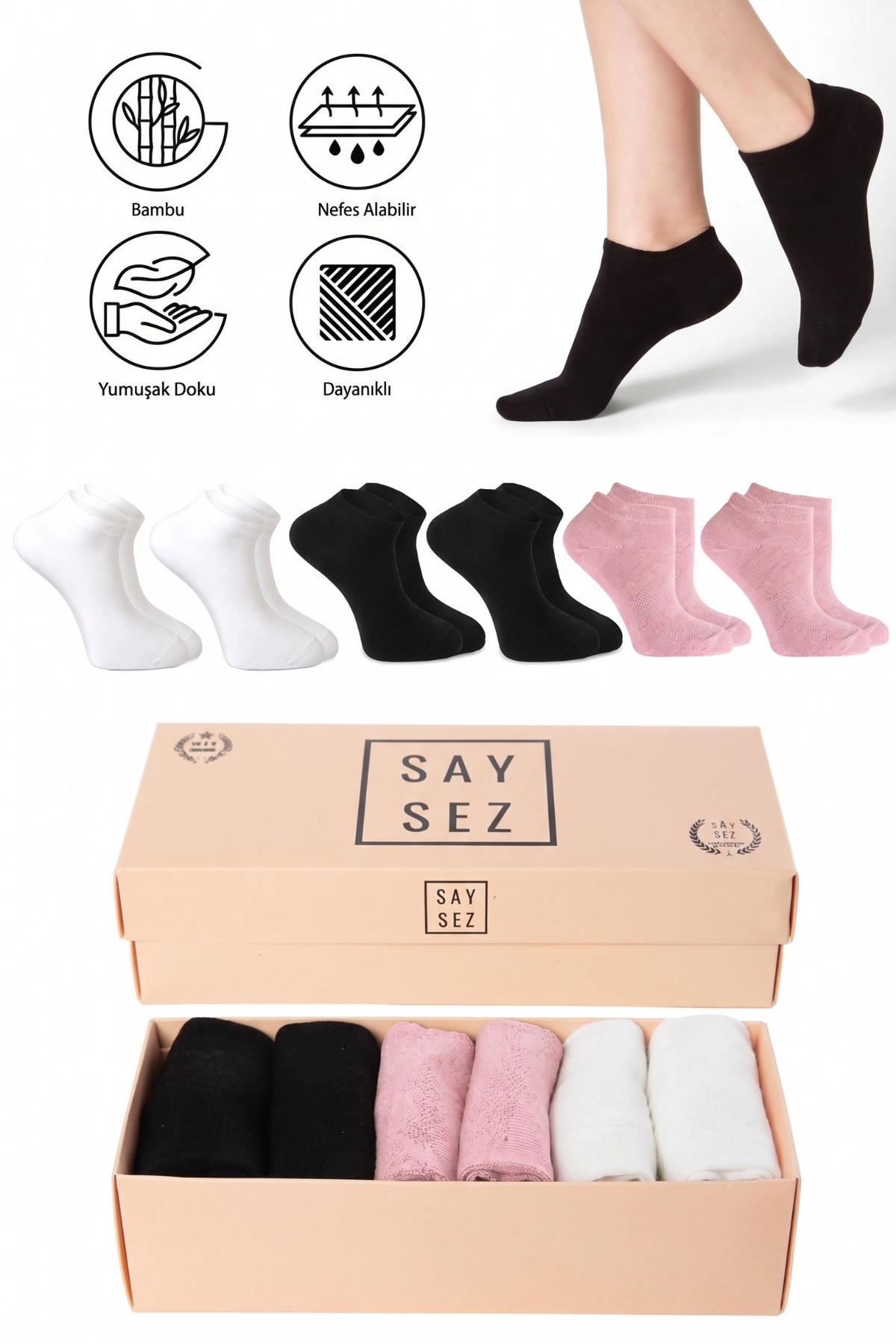 Bamboo Women's Booties Plain Black-White-Pink Color Socks Seamless Premium 6-Pack