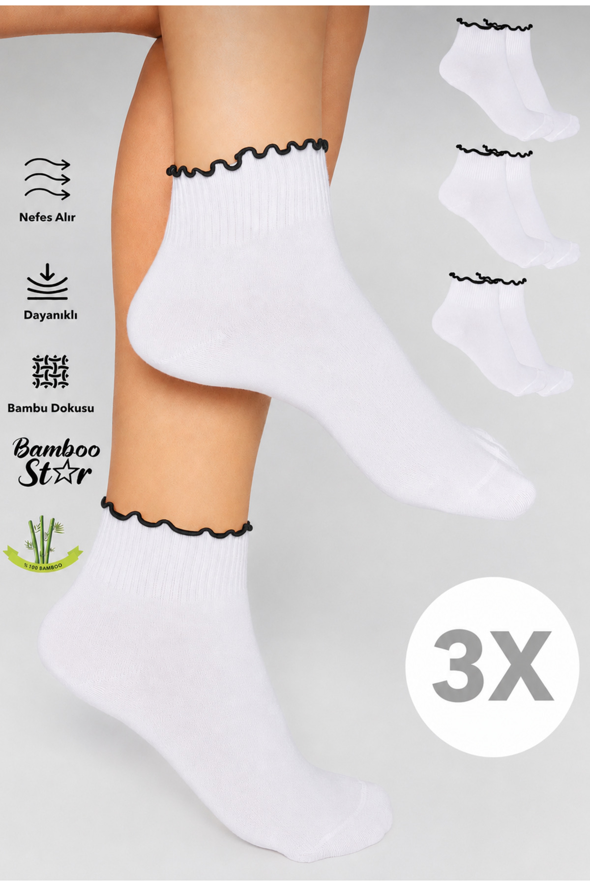 Bamboo Women's Black Ruffle Booties Seamless White Socks 3-Pack