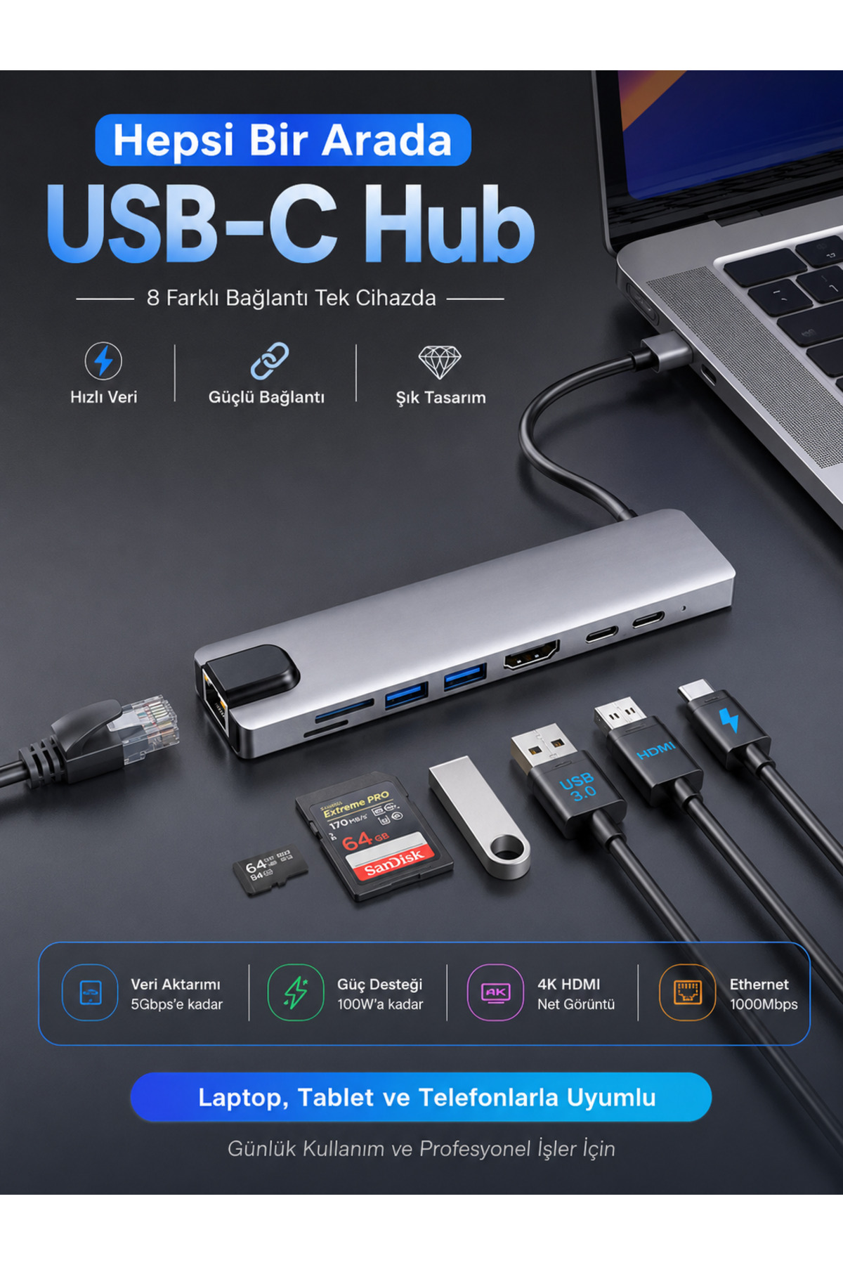 8'i 1 Arada USB-C Hub Dönüştürücü Çoğaltıcı | 4K HDMI, RJ45 Gigabit Ethernet, 2x USB 3.0, SD/TF Kart Okuyucu, PD Hızlı Şarj ve USB-C Veri Aktarımı Telefon, Tablet ve Laptop ile Tam Uyumlu Çoklu Çözüm