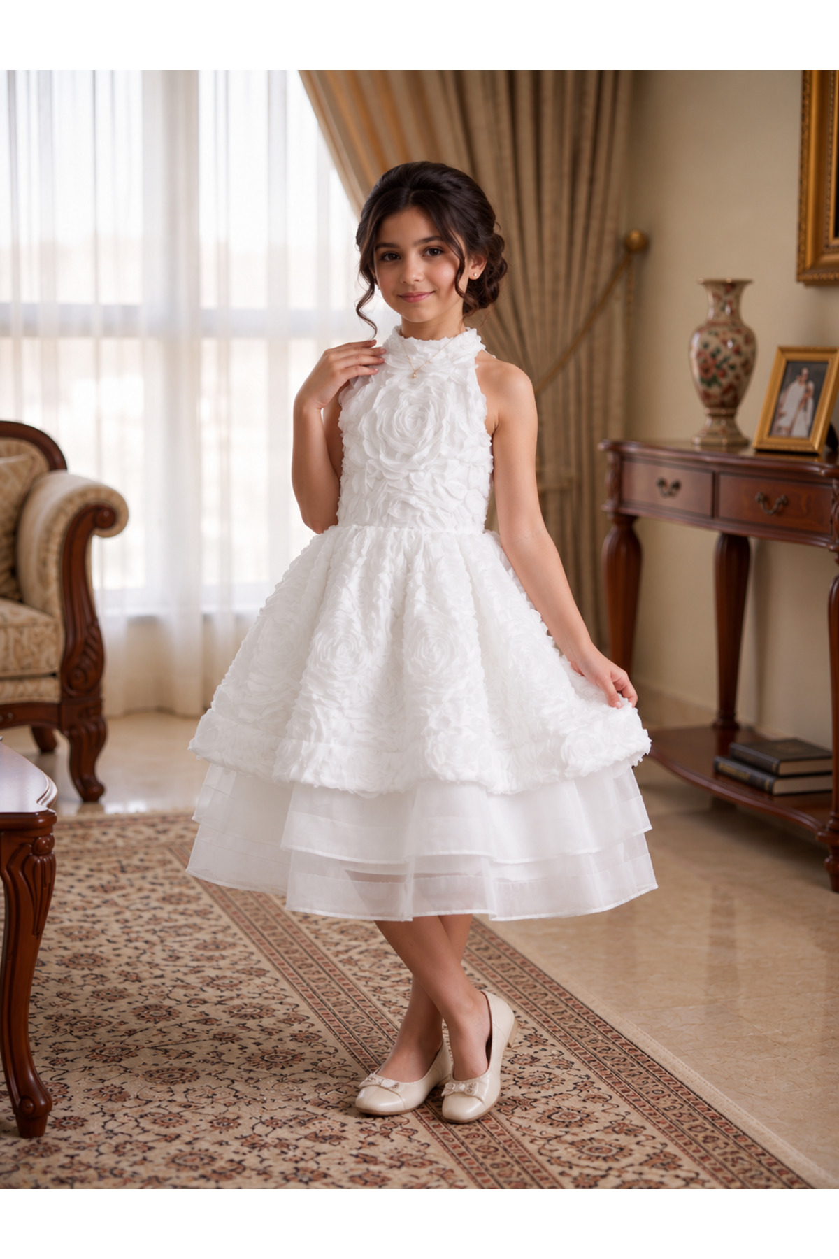Luxury Girls White Party Dress with 3D Rose Design & Three-Layer Design