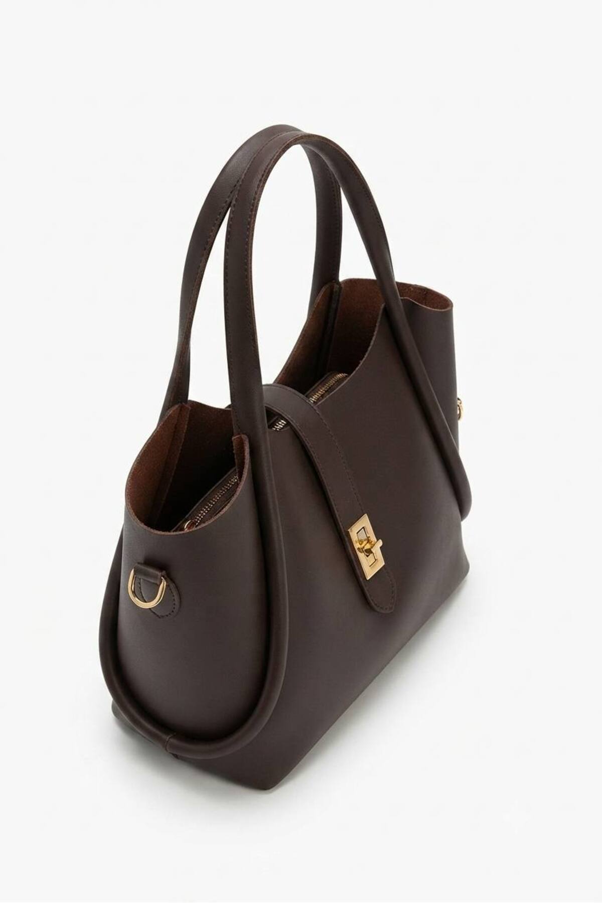Dark Brown SİMSON Women's Handbag and Crossbody Bag with Lock Detail and Makeup Pouch görünüm 3