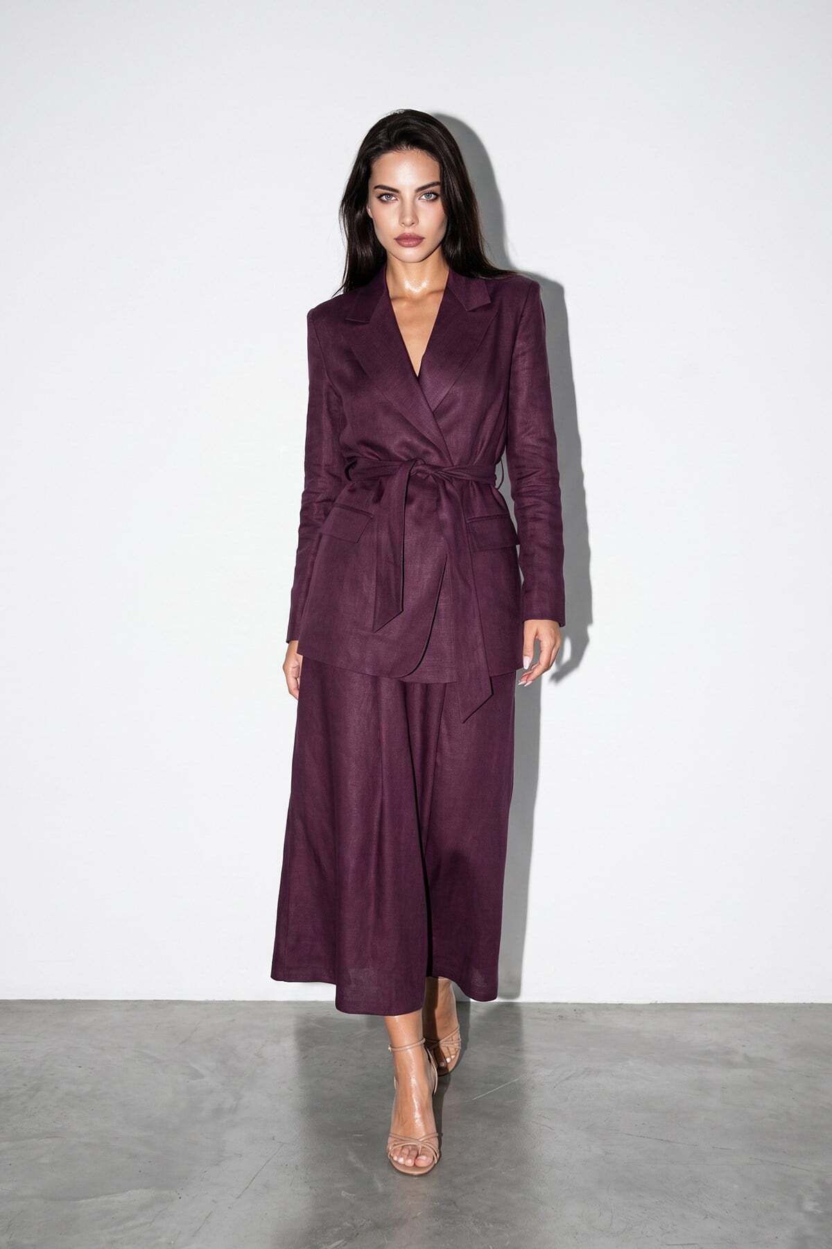 Setre Burgundy 100% Linen Jacket with Waist Tie Detail