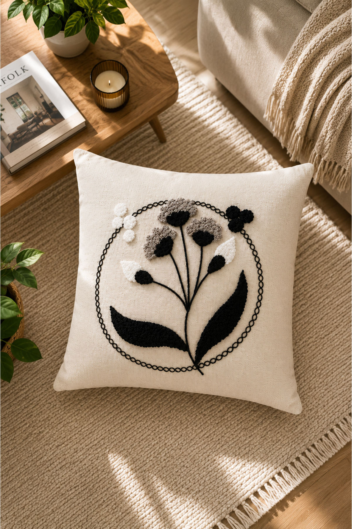 Dekoratif Punch Kırlent Kılıfı Keten Kumaş Gizli Fermuarlı 43x43