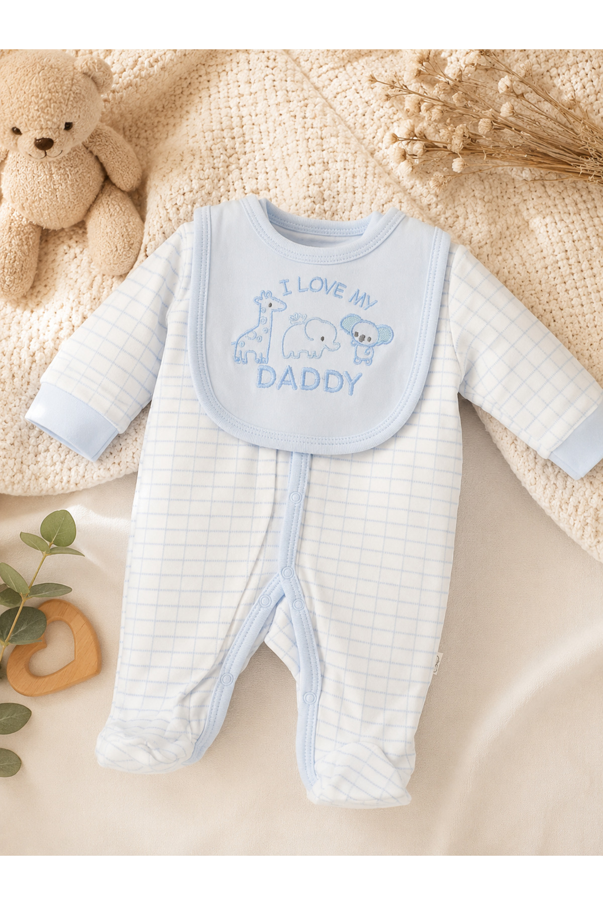 5'li Bebek Giyim Seti – I Love My Daddy Baskılı Mavi Tulum, Body, Şapka, Önlük ve Eldiven