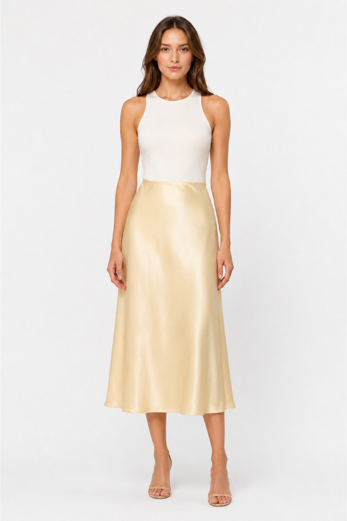 値下げしました　新品satin midi skirt afeta Champagne Satin Midi Skirt - Price, Reviews