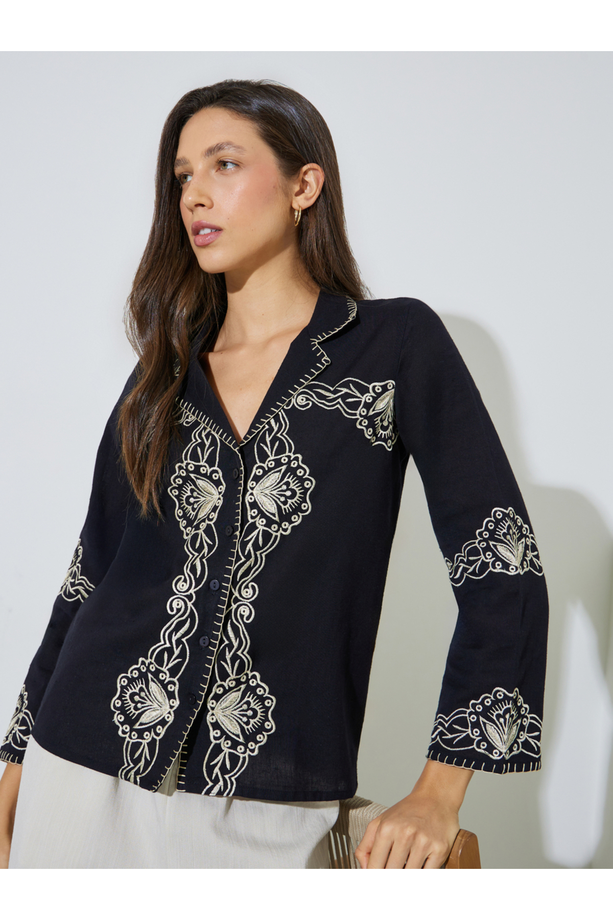 Styli Black Embroidered Resort Collar Cotton Shirt