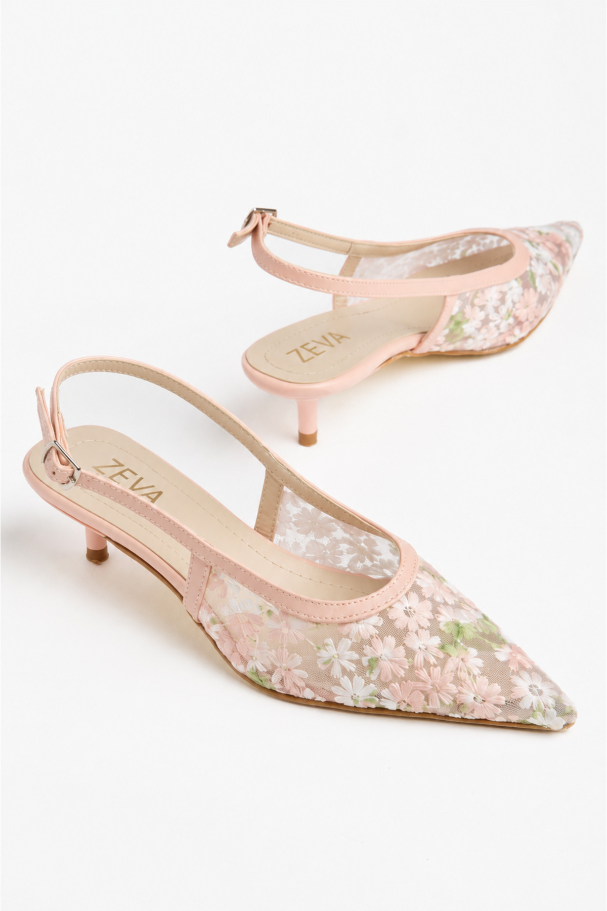 ZEVA COLLECTION ZEVA Kadın Çiçek Desenli Tül İşlemeli Sivri Burun Slingback Kısa Topuklu Abiye Ayakkabı