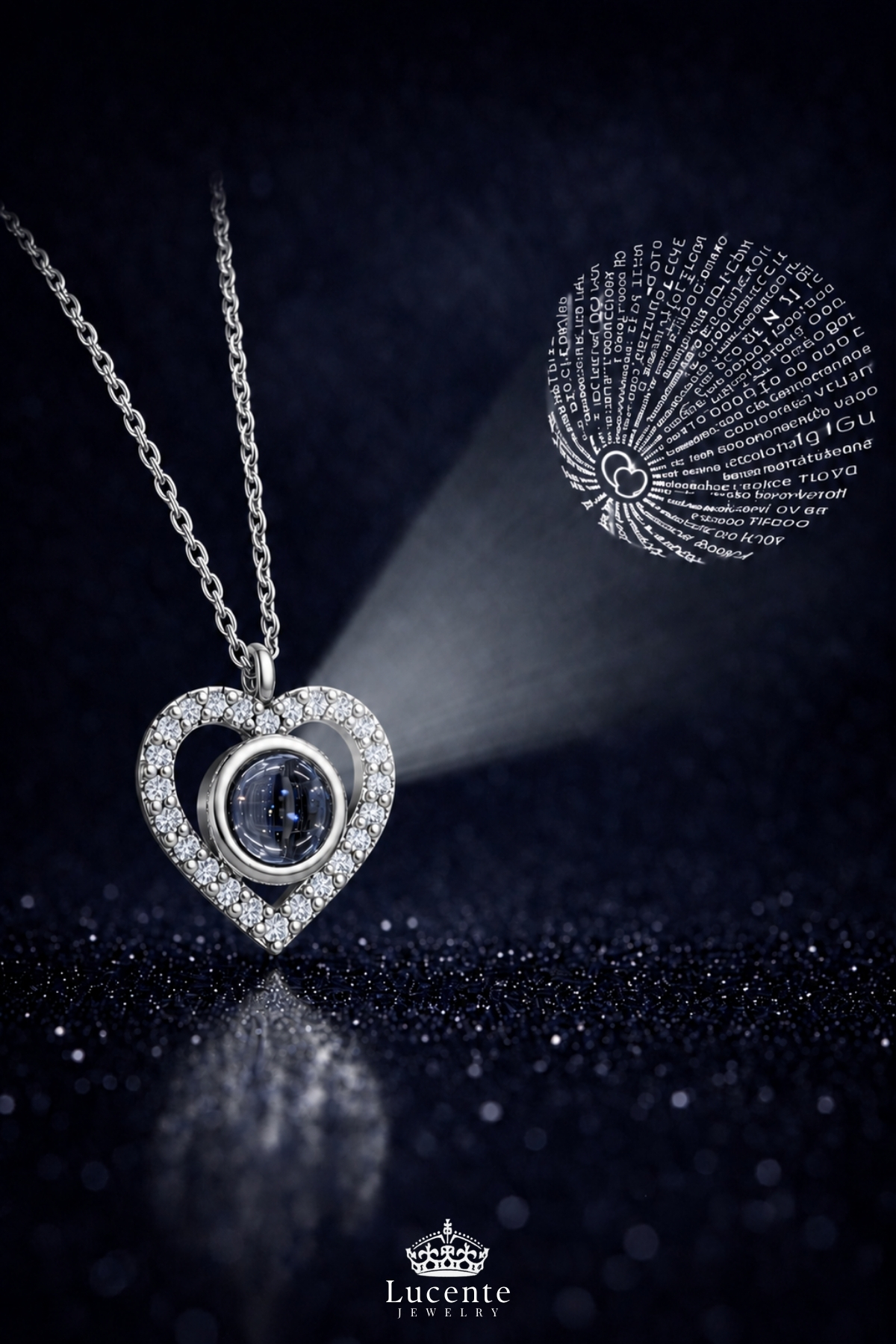 Lucente Jewellery 925 Ayar Kalbin Işığı Özel Tasarım 100 Dilde Seni Seviyorum Yazan Kalpli Kararma Karşıtı Rodyum Güçlendirme Gümüş Özel Gün Hediyesi Projeksiyon Sonsuz Aşk Simgesi 45 Cm Zincir Küpe Hediyeli Kalp Kolye görsel 7
