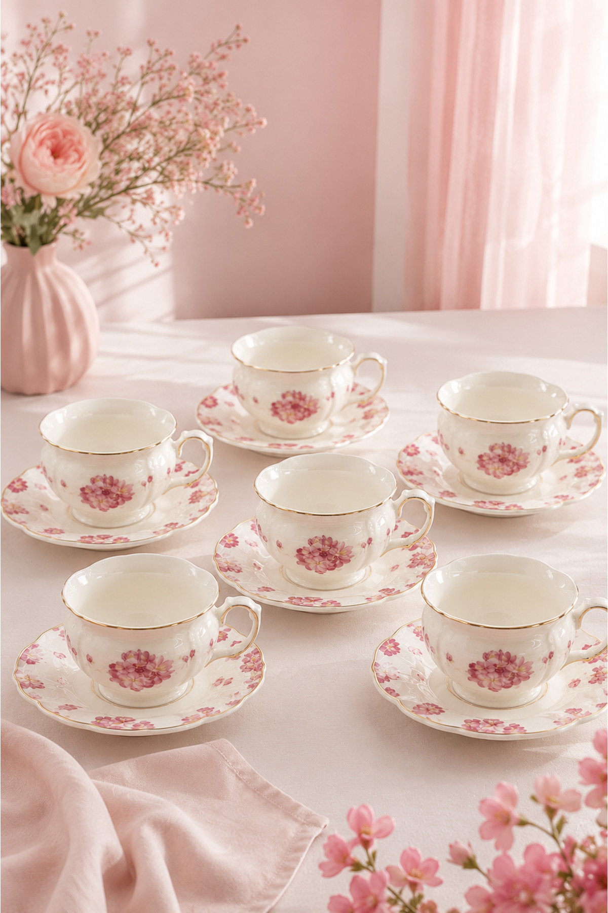 YzHome Acar 6-Person Luxury Porcelain Pink Floral Pattern Coffee Cup Set 100ml