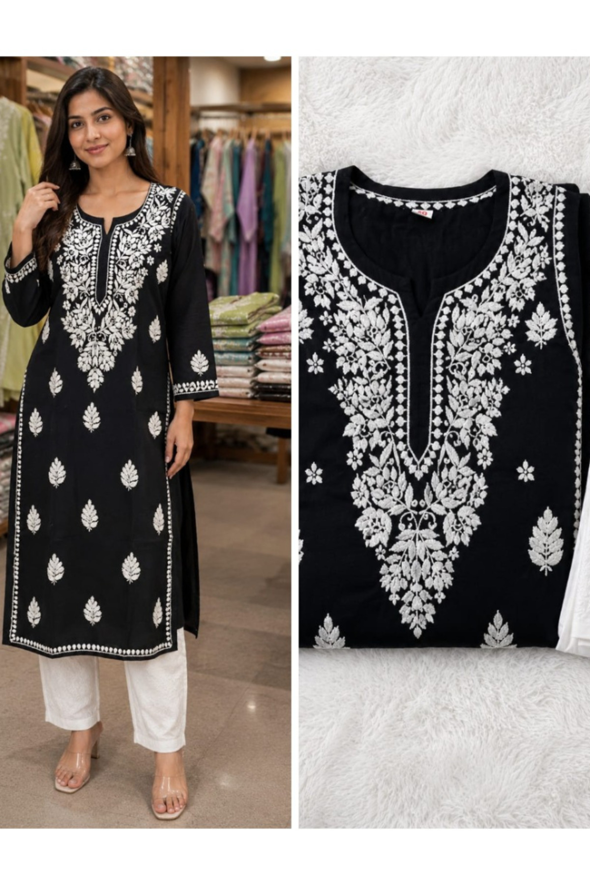 MYSMAR Black Chikankari Handwork Cotton Kurta Set - CHK1013 | Black-Size:M-38-Inches