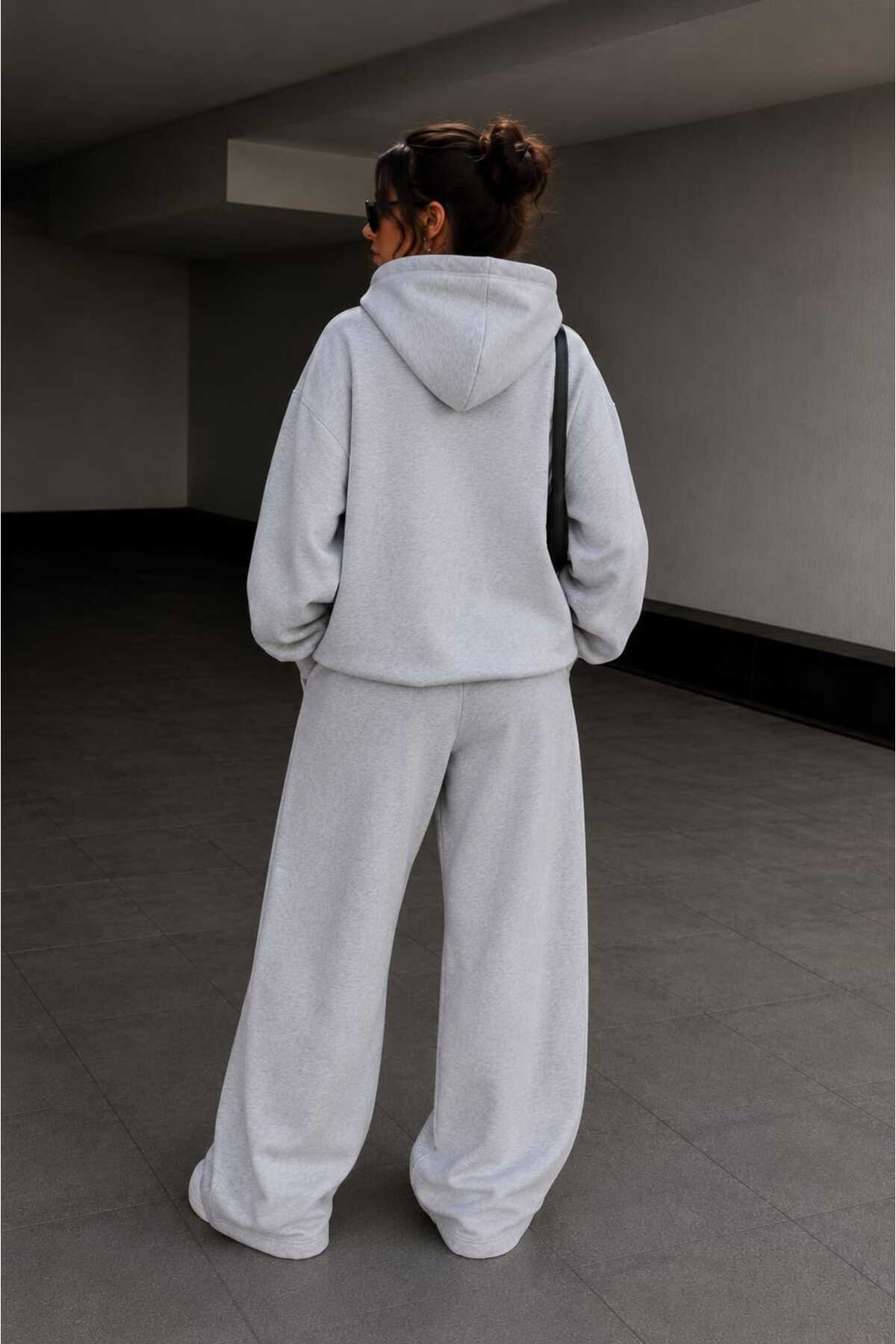 Unisex Oversize Fermuarlı Kapüşonlu Eşofman Takımı — خاکستری 00049 — تصویر 4 از 4