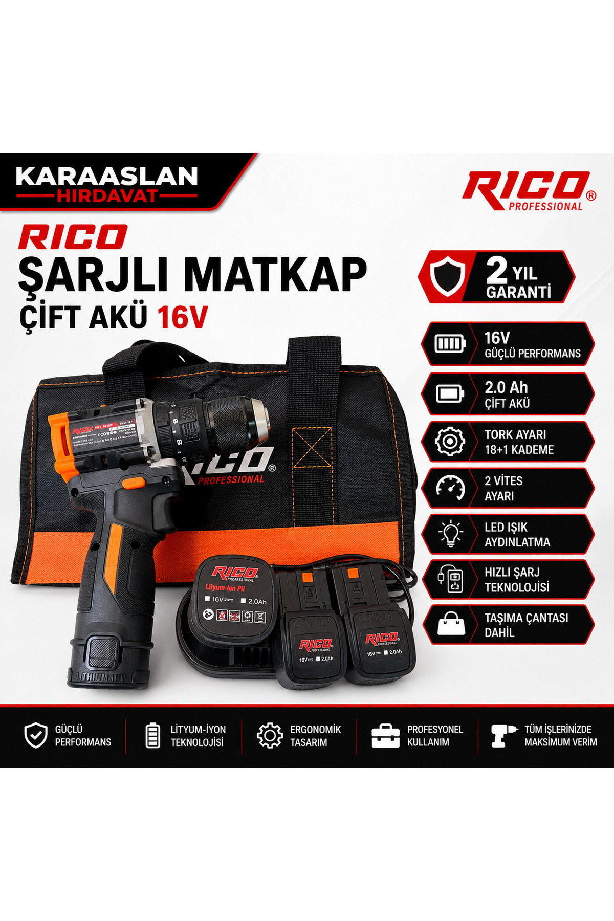 Rico Şarjlı Matkap Çift Akü 16V
