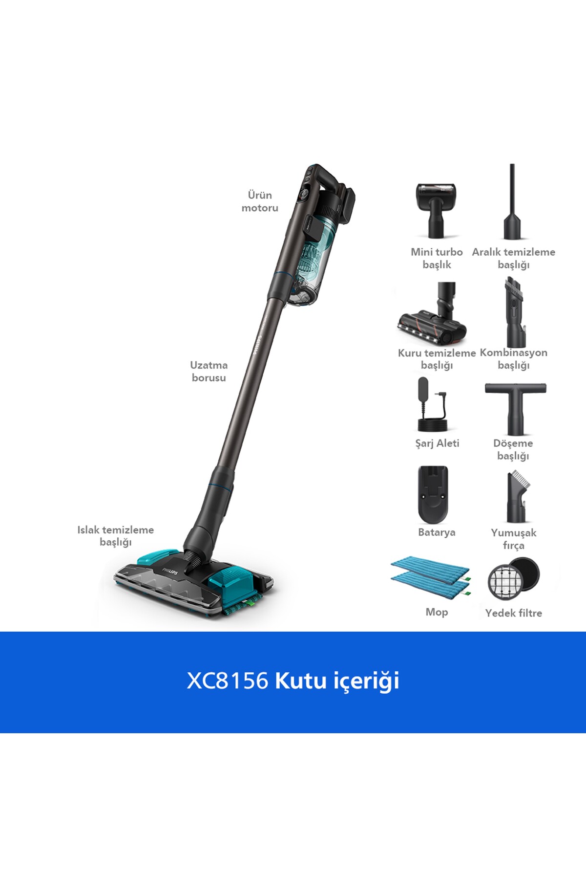 جاروبرقی بی‌سیم 8000 سری، قدرت مکش 360 درجه، سری LED، تا 80 دقیقه استفاده، مدل XC8156/10