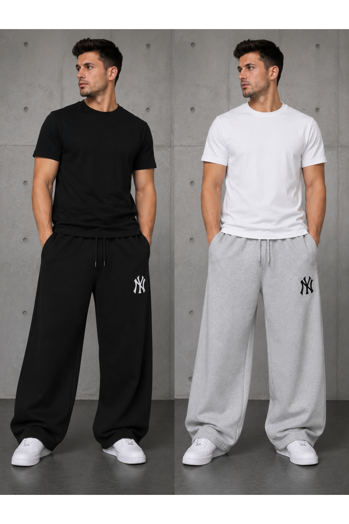 CANDERO 2'li Erkek NY Baskı Eşofman Altı (Siyah-Gri) Baggy Model Oversize Cepli